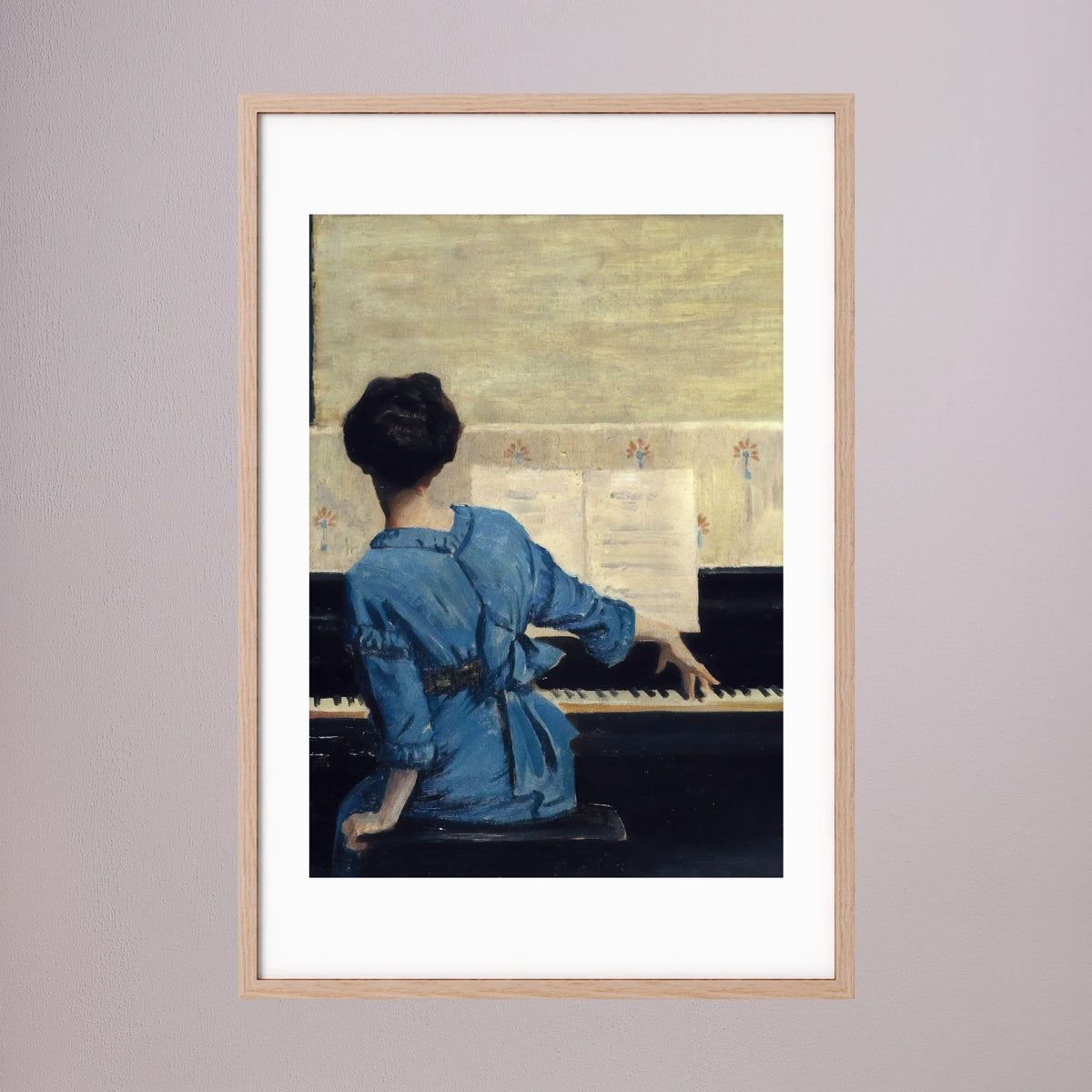 Woman in Blue at the Piano Vintage Wall Art Print Oak Nature White