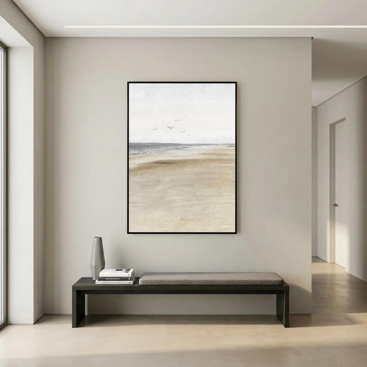 Neutral Coastal Landscape Canvas Wall Art | Serene Beach &amp; Ocean Painting