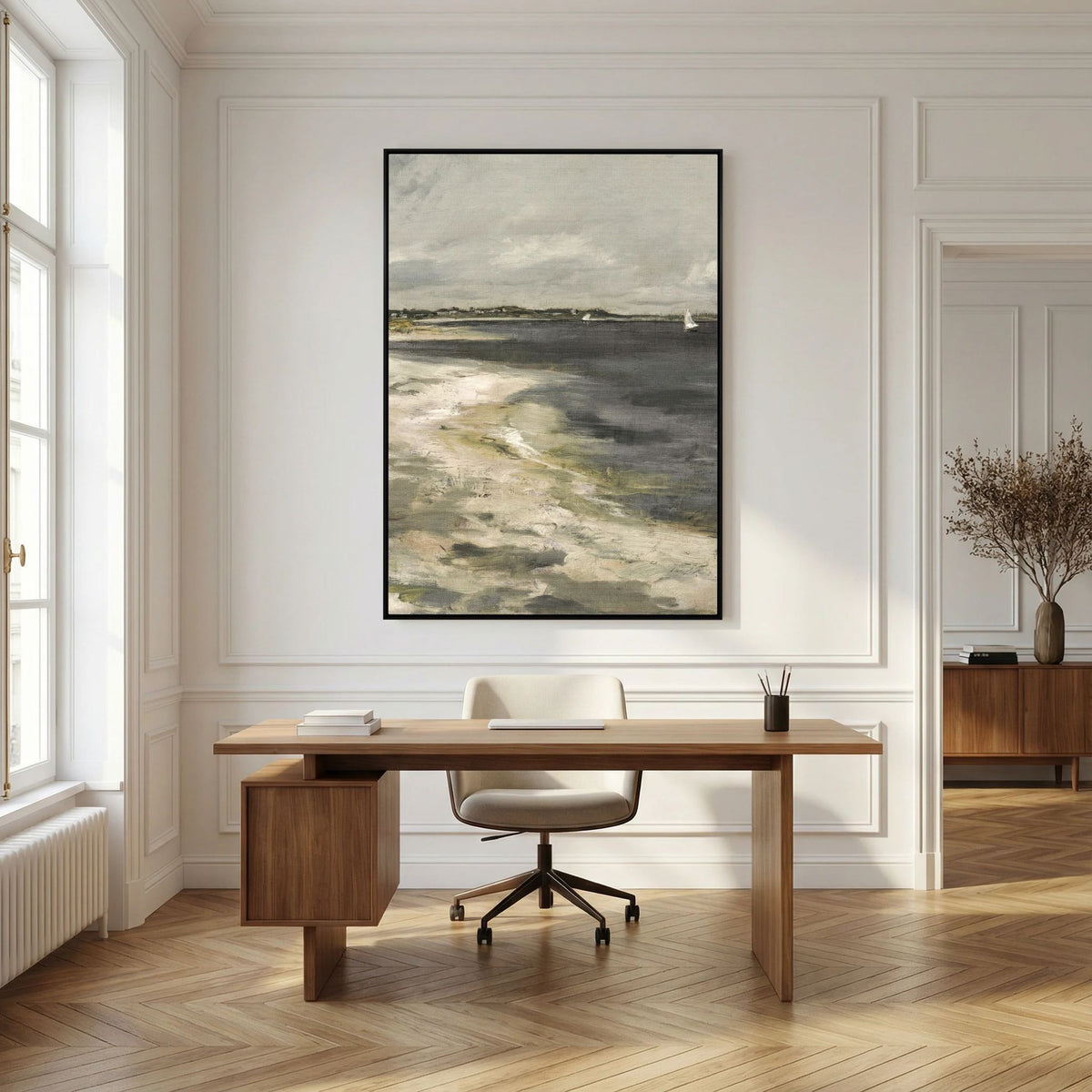 Moody Coastal Landscape Canvas Wall Art | Vintage Seaside &amp; Sailboat Painting