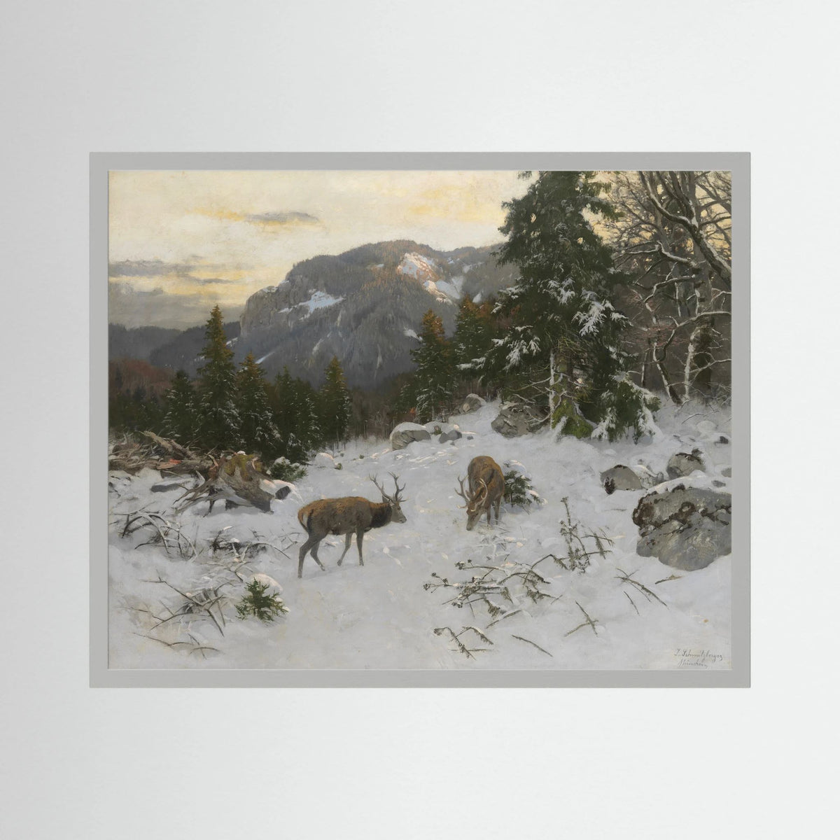 Vintage Deer in Snowy Mountains Art Print