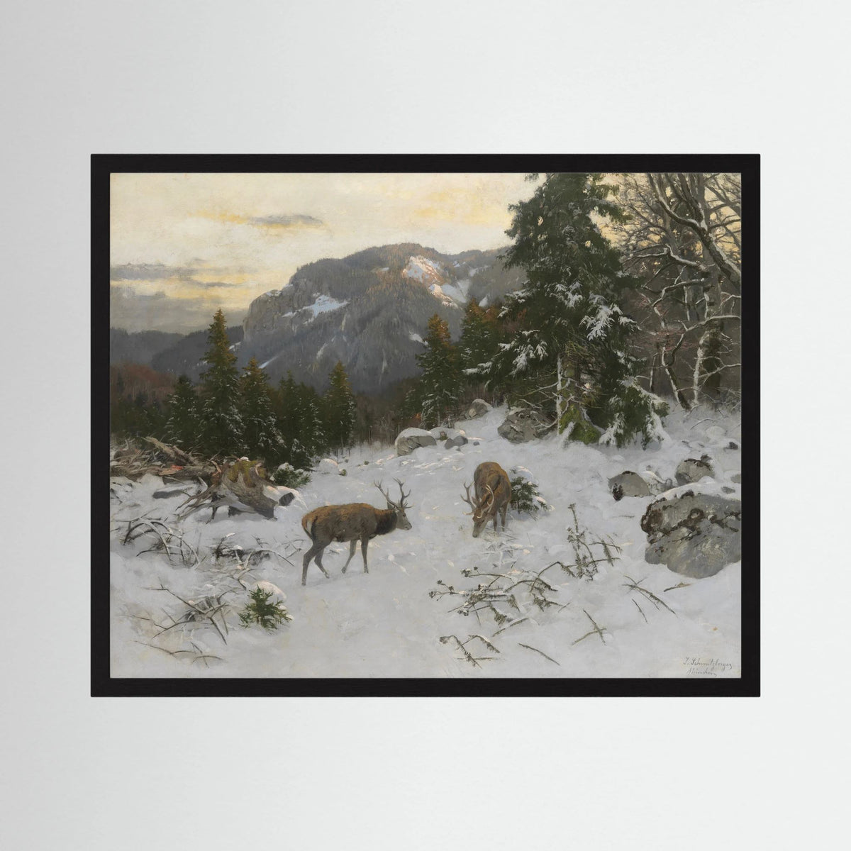 Vintage Deer in Snowy Mountains Art Print