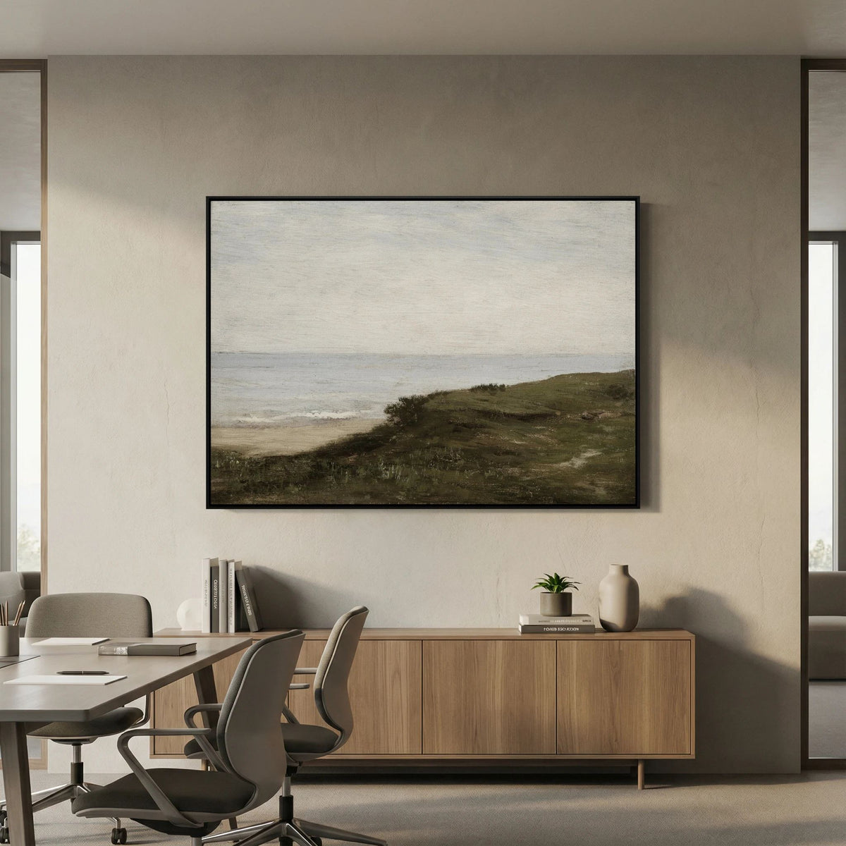 Neutral Coastal Landscape Canvas Wall Art | Vintage Seaside Nature Painting