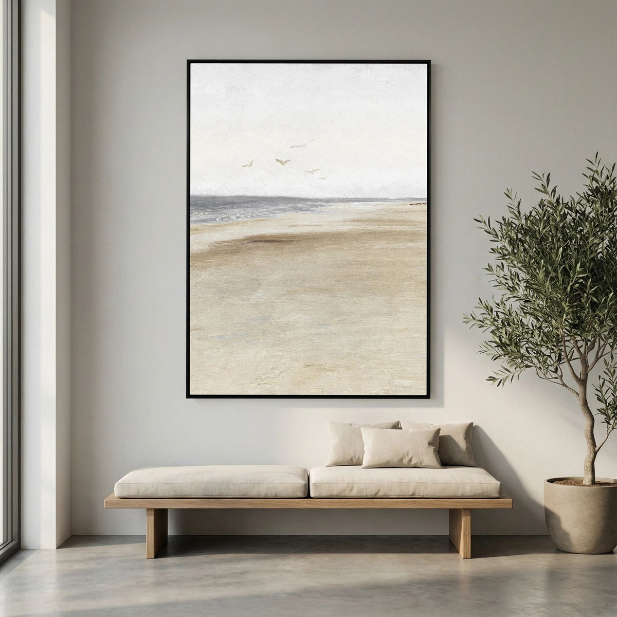 Neutral Coastal Landscape Canvas Wall Art | Serene Beach &amp; Ocean Painting