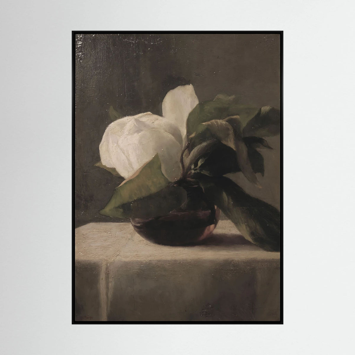 Vintage White Floral Canvas Wall Art | Moody Botanical Still Life Painting