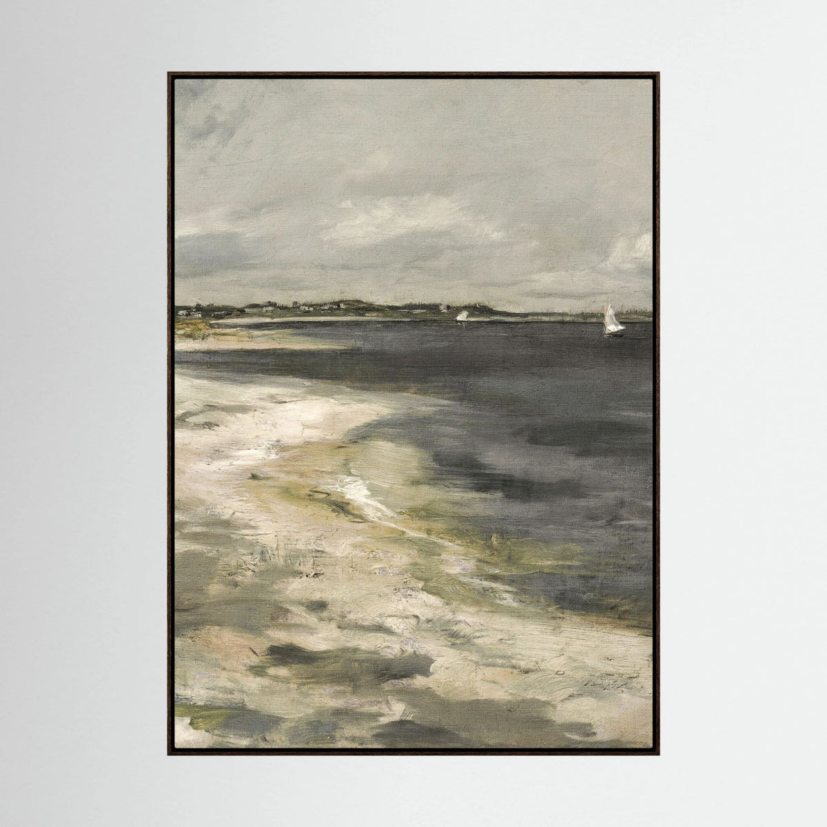 Moody Coastal Landscape Canvas Wall Art | Vintage Seaside &amp; Sailboat Painting