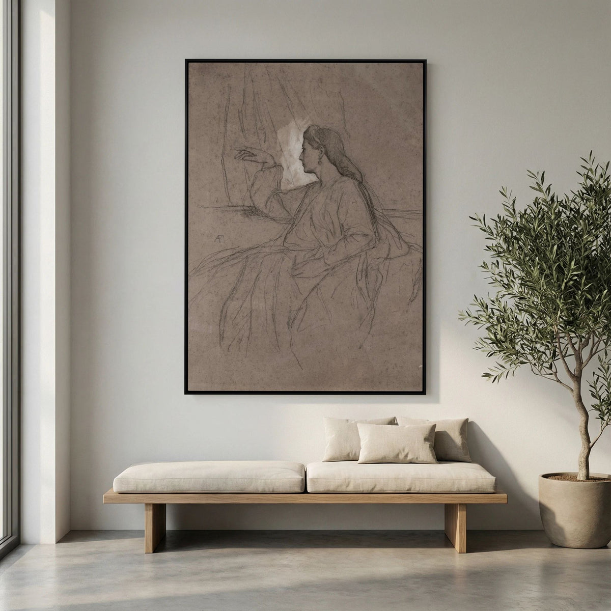 Vintage Woman Figure Sketch Canvas Wall Art | Neutral Figurative Drawing