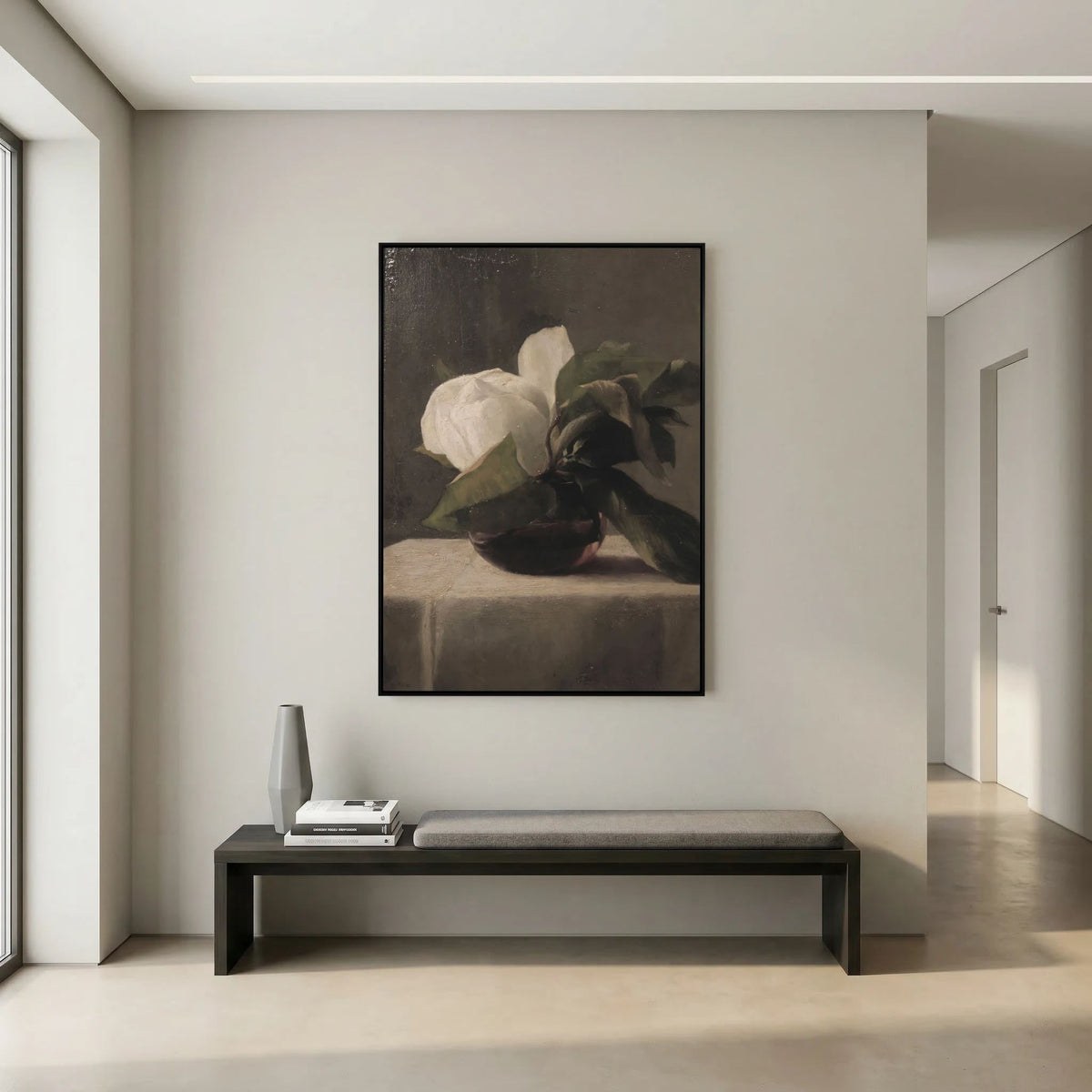 Vintage White Floral Canvas Wall Art | Moody Botanical Still Life Painting