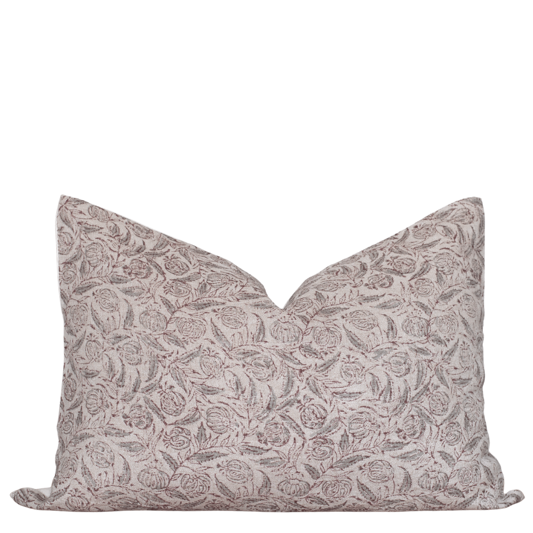 Irene Floral Block Printed Pillow Cover | Burgundy, Muted Sage Green + Greige | Lumbar
