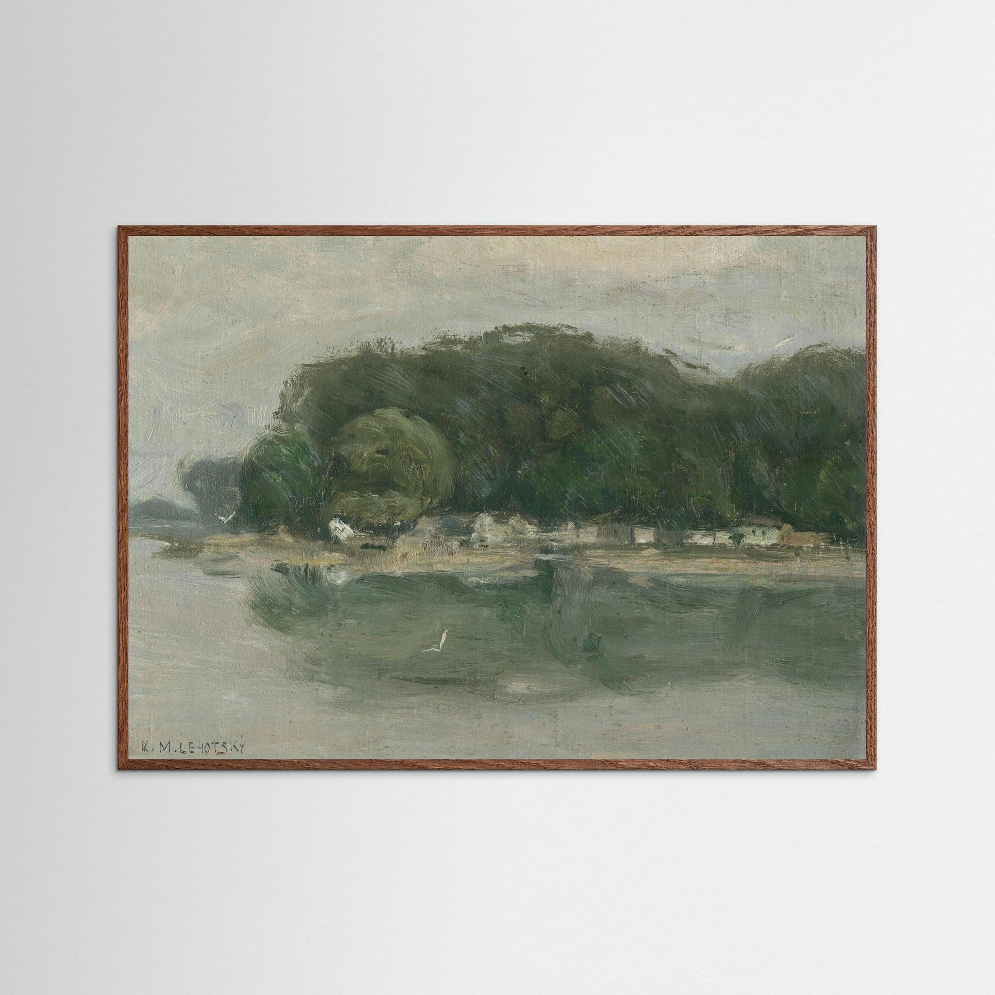 Vintage European Riverside Village Landscape Fine Art Print Oak Dark No border