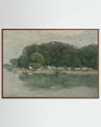 Vintage European Riverside Village Landscape Fine Art Print Oak Dark No border