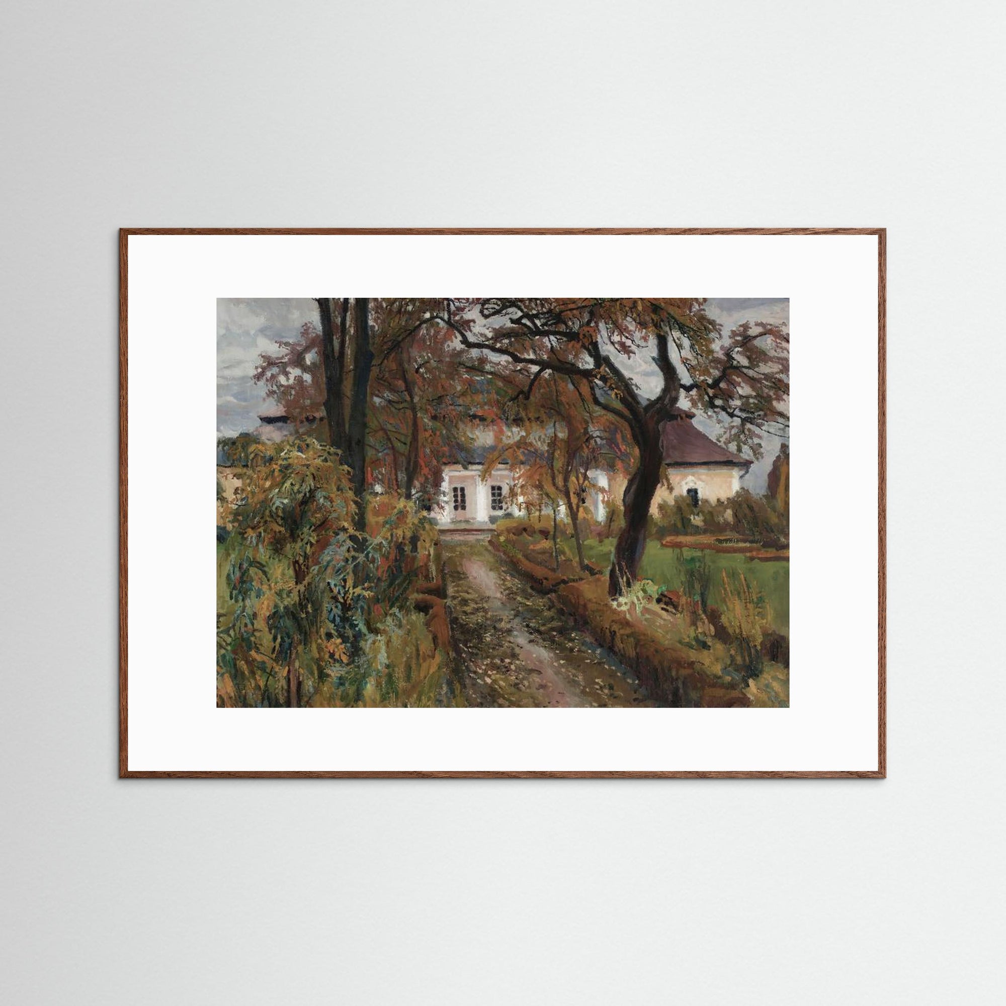 Cottage Landscape Art Print Oak Dark White