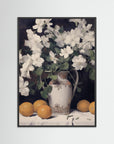 Vintage Fruit and Floral Arrangement Print Black Wood No border