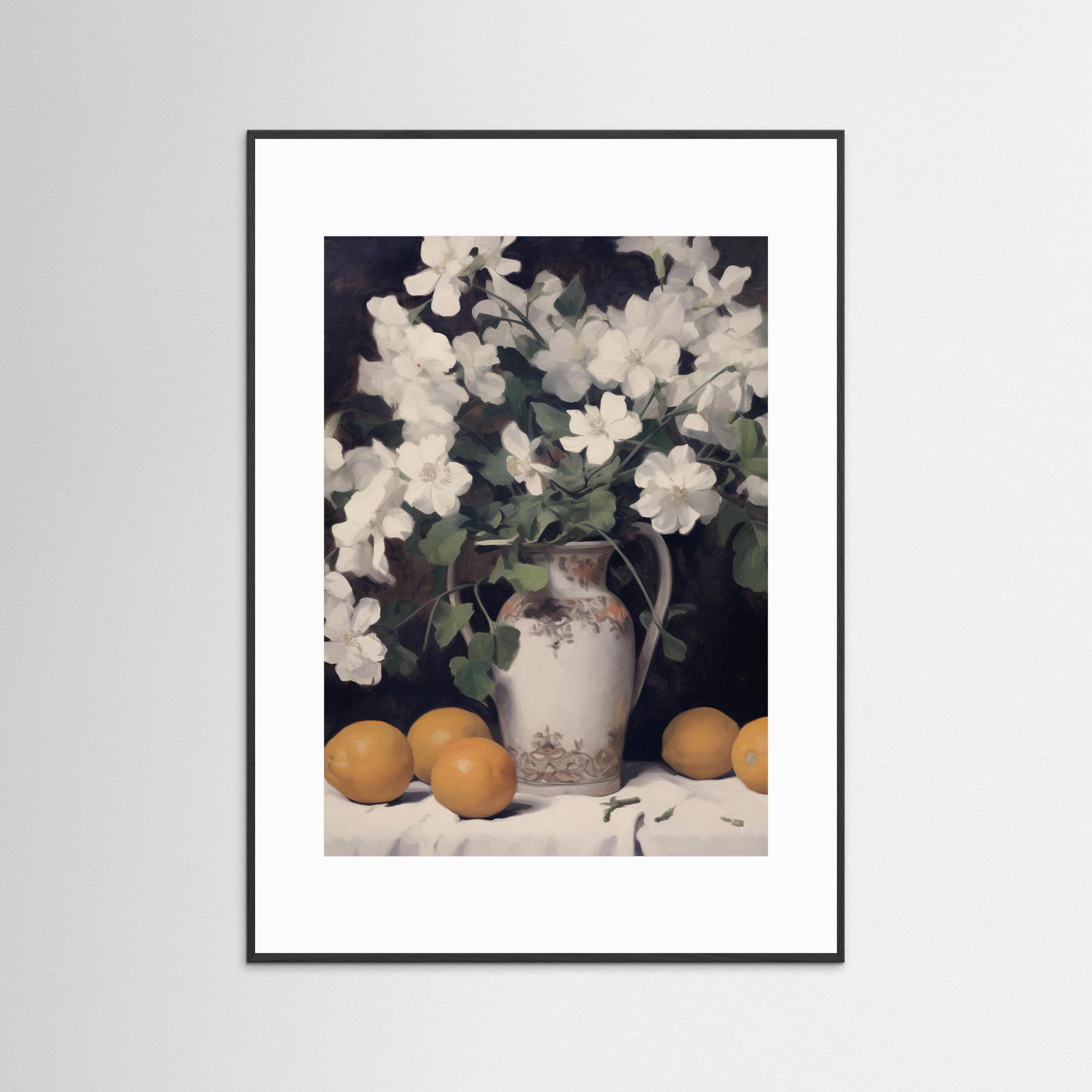 Vintage Fruit and Floral Arrangement Print Black Wood White