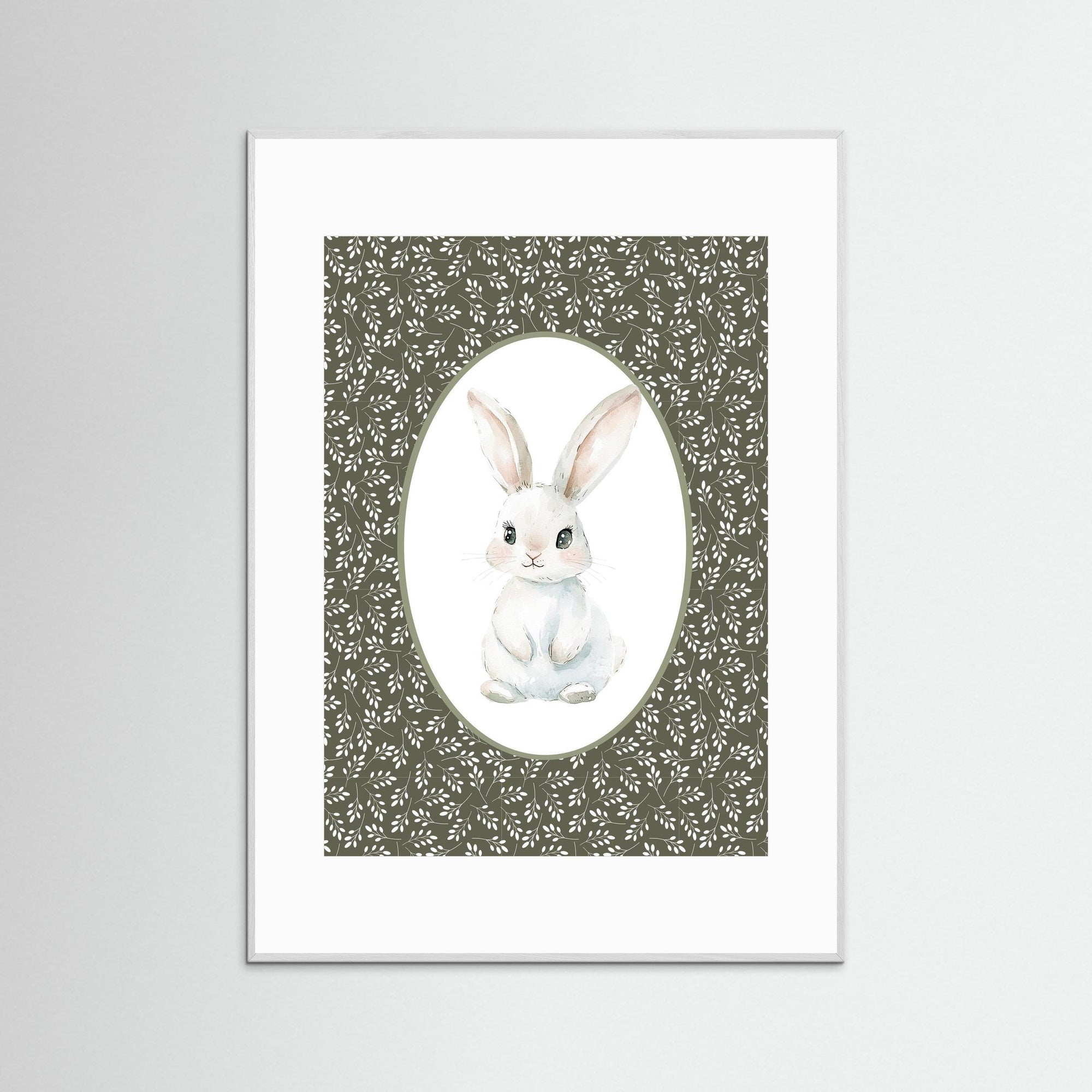 Bunny Green Botanical Art Print | Children's Room &amp; Nursery Wall Art White Wood White