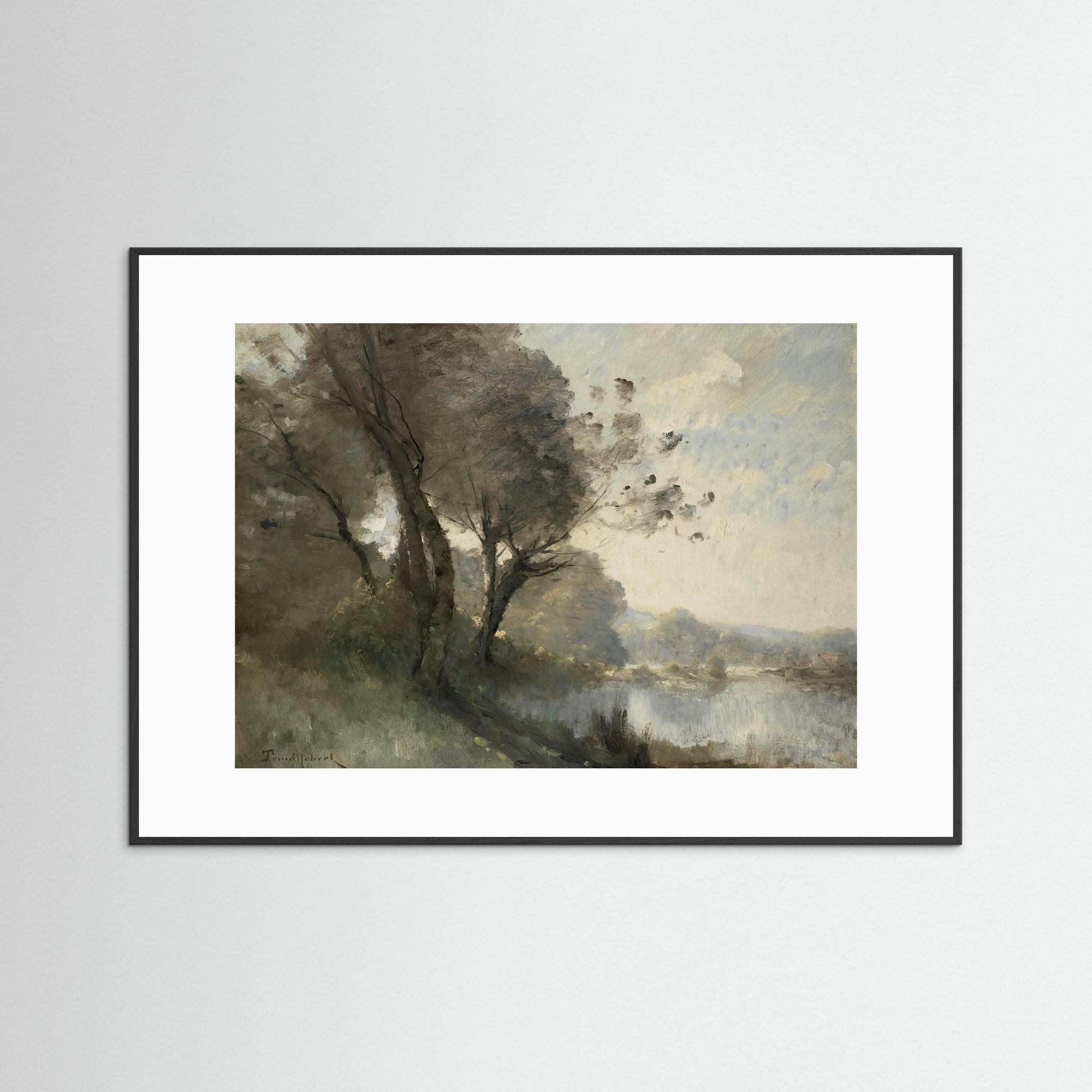 Vintage Riverside Landscape with Trees Fine Art Print Black Wood White