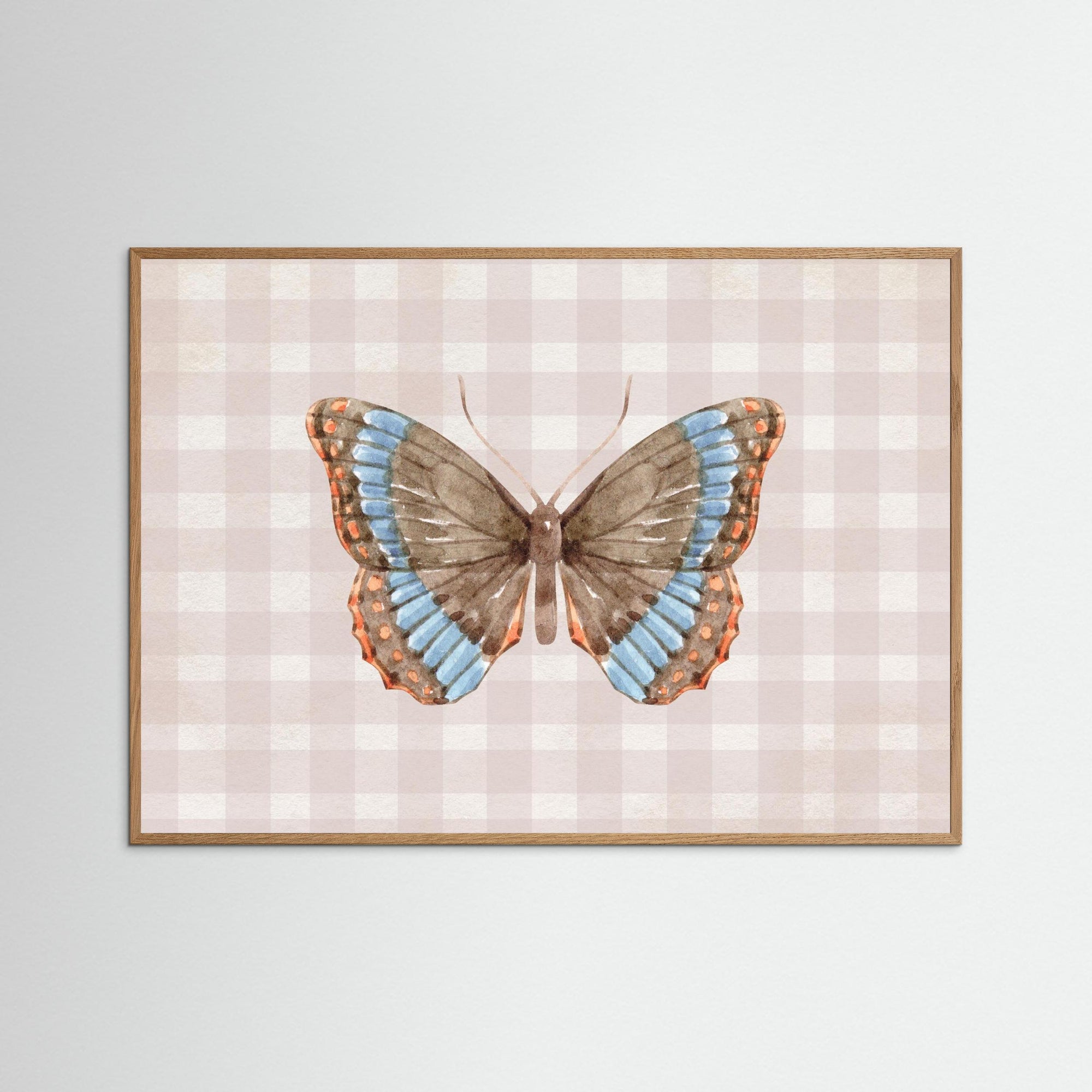 Butterfly on Gingham Art Print | Vintage Cottage Wall Art Oak Nature