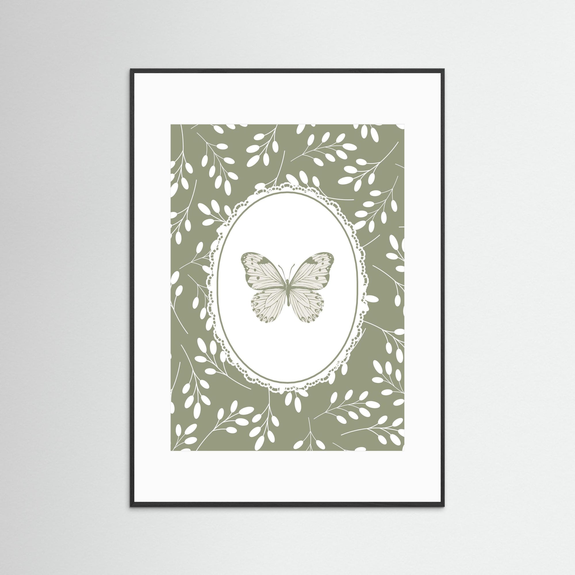 Green Butterfly Botanical Art Print | Children's Room Decor Black Wood White