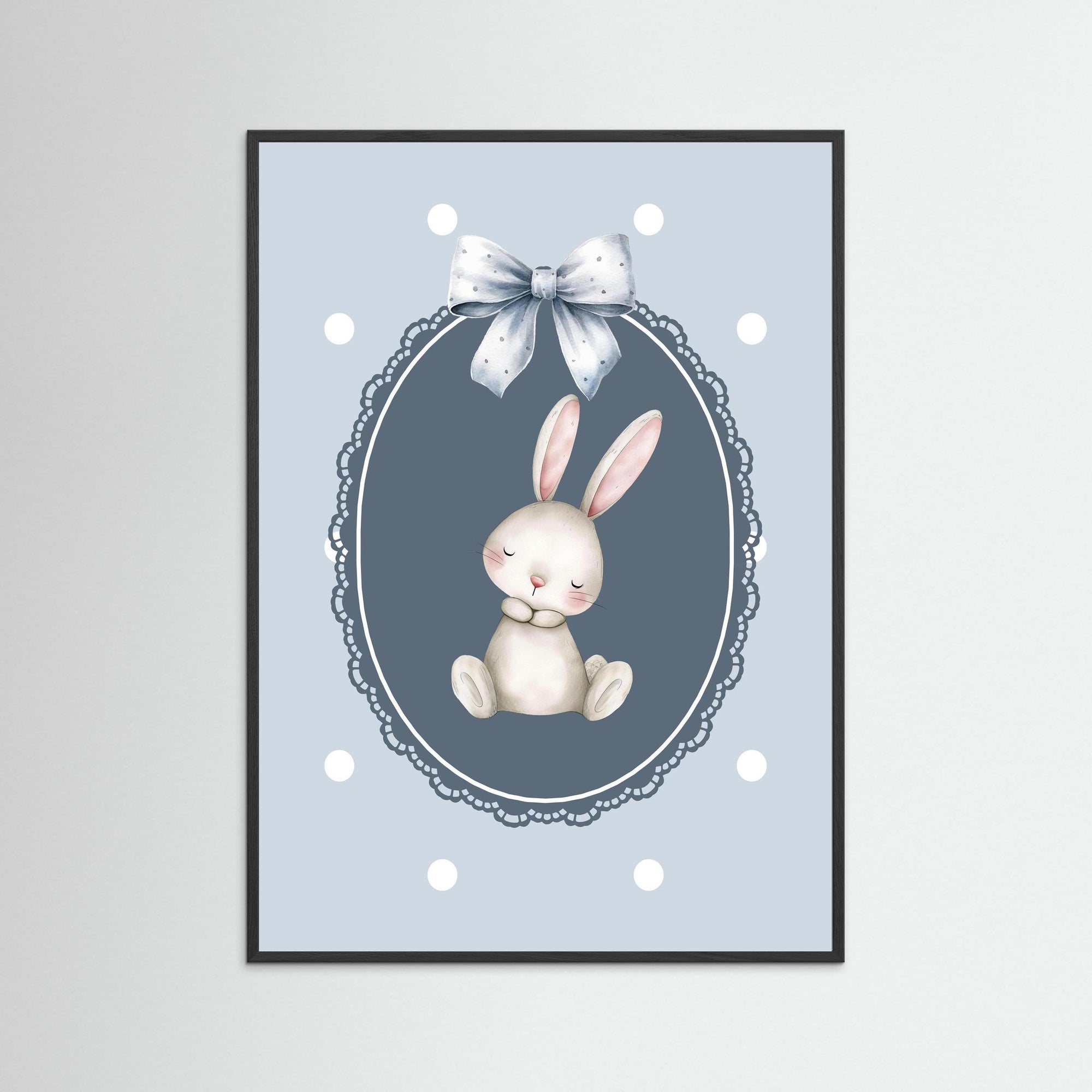 Vintage Style Blue Bunny Art Print | Children's Room Wall Decor Black Wood