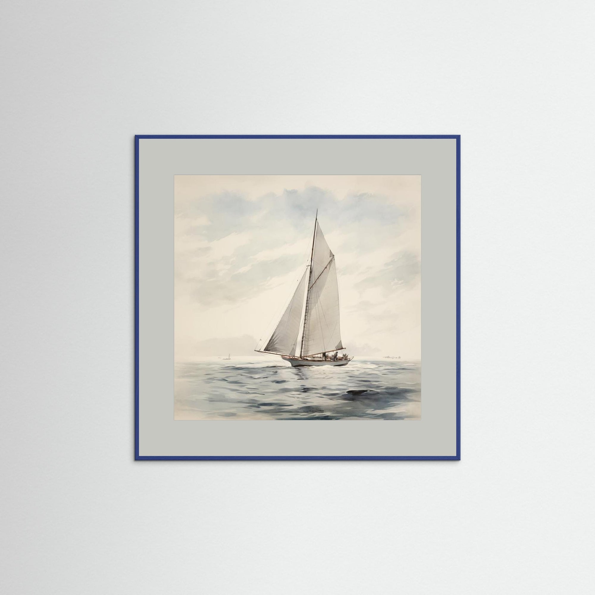 Soft Neutral Ocean Sailboat Print Blue Wood Grey