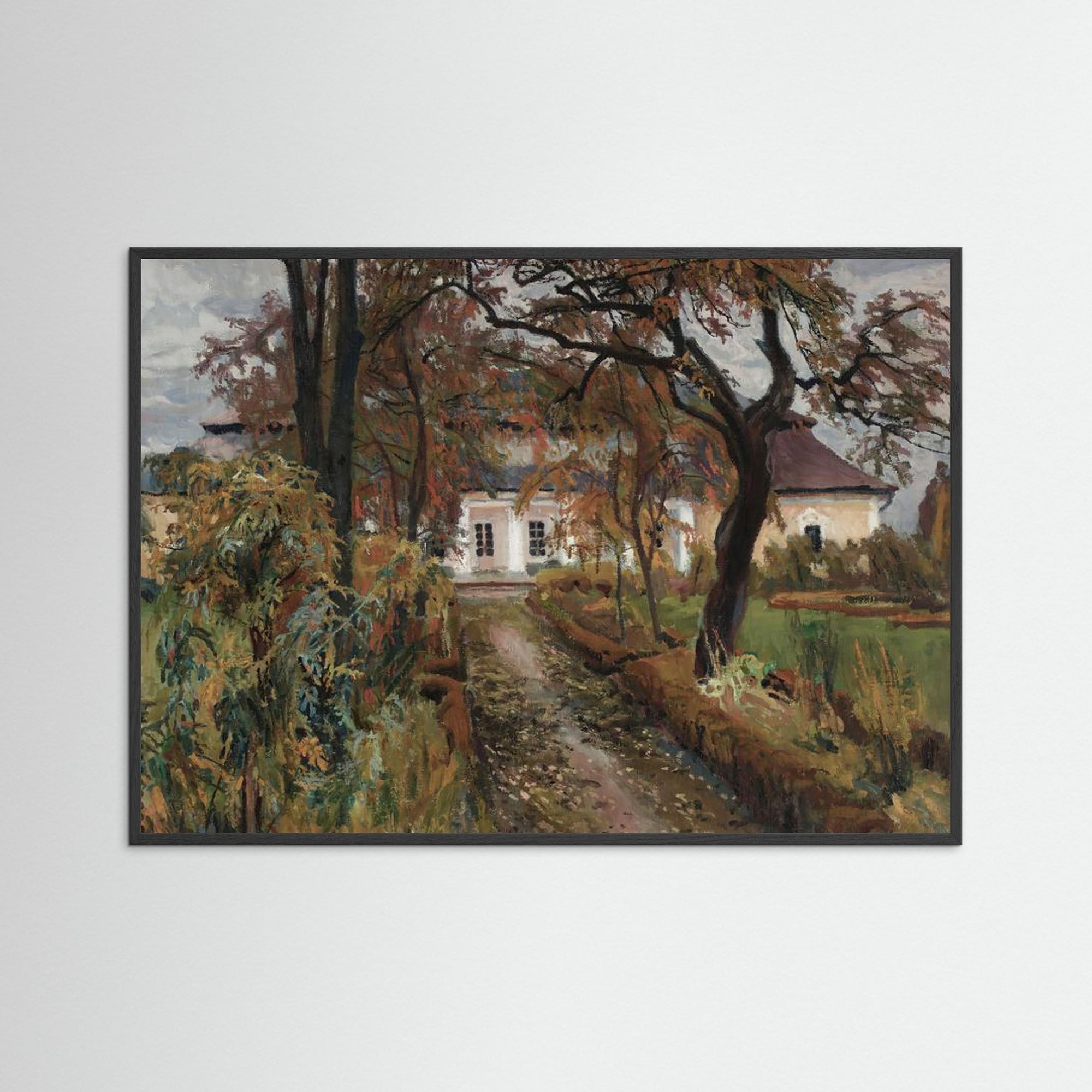 Cottage Landscape Art Print Black Wood No border