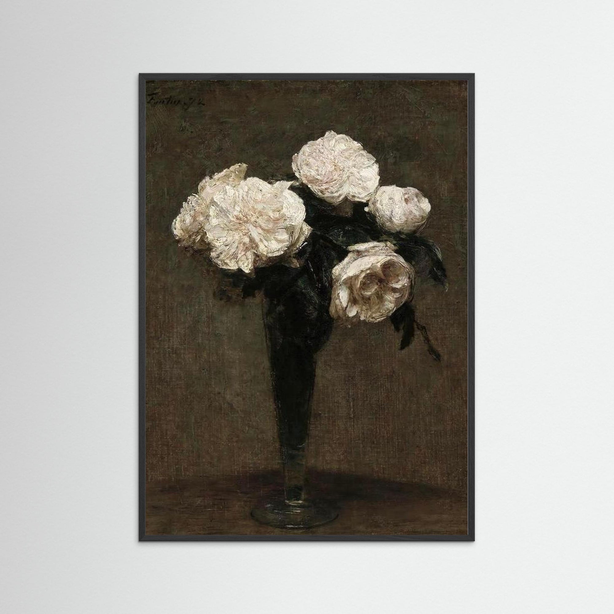 White Floral Vase Art Print Black Wood No border