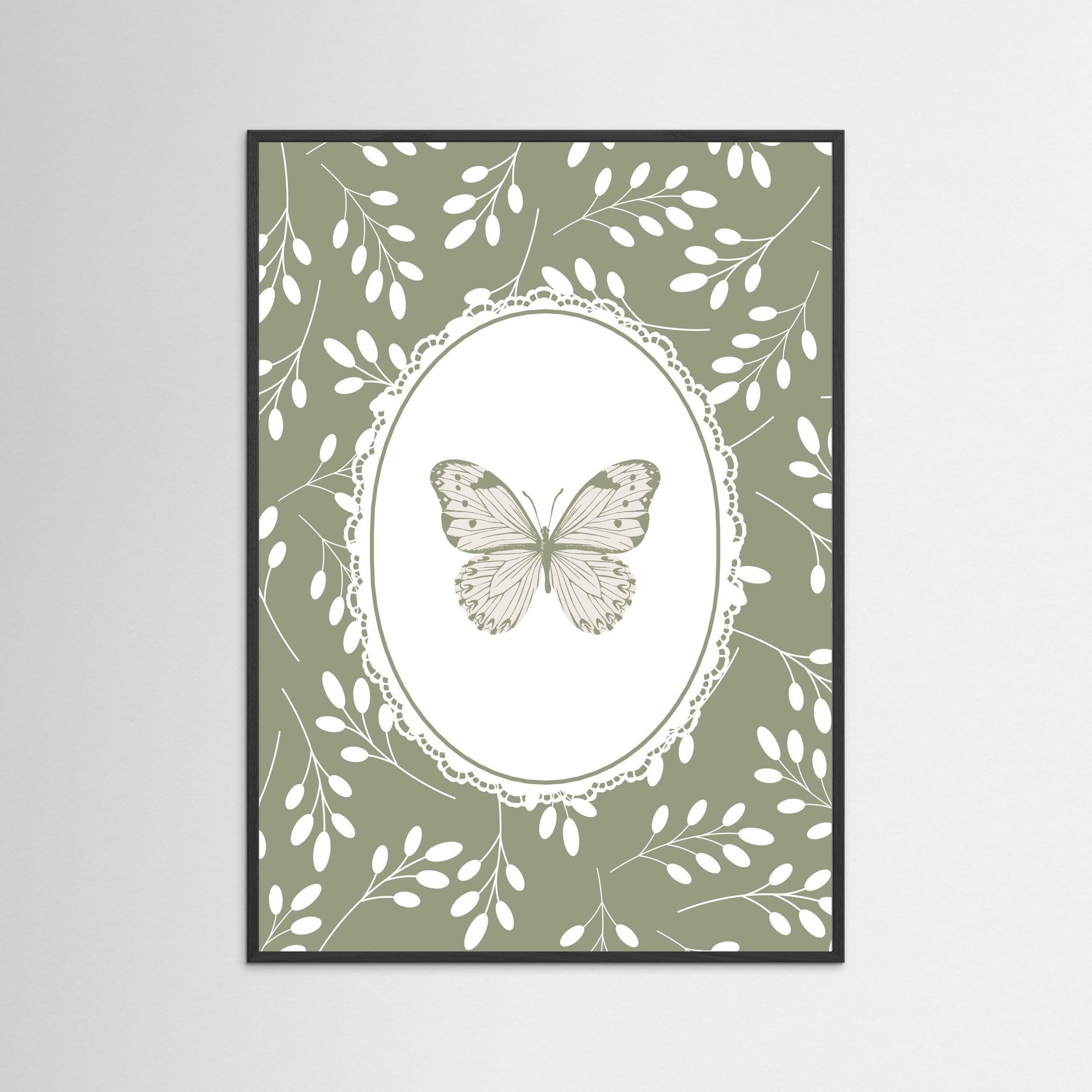 Green Butterfly Botanical Art Print | Children's Room Decor Black Wood No border