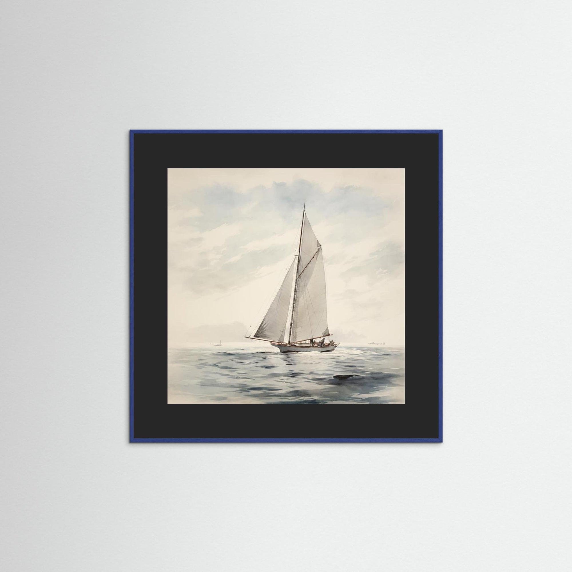 Soft Neutral Ocean Sailboat Print Blue Wood Black