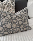 Estelle Floral Block Printed Pillow Cover | Blue, Mustard | Lumbar