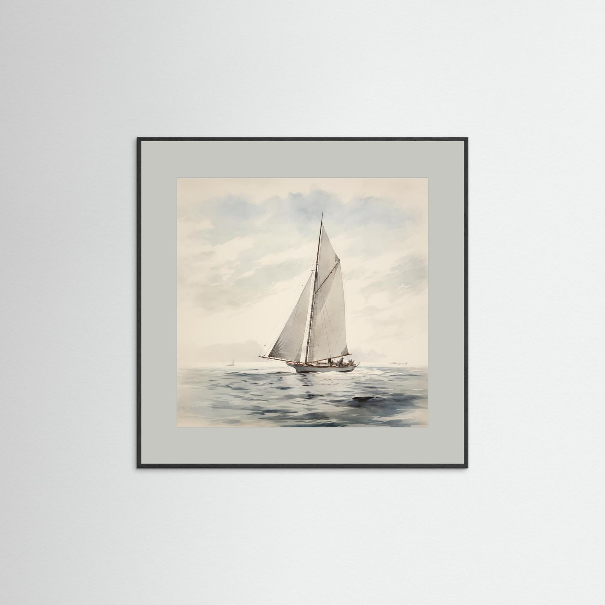 Soft Neutral Ocean Sailboat Print Black Wood Grey