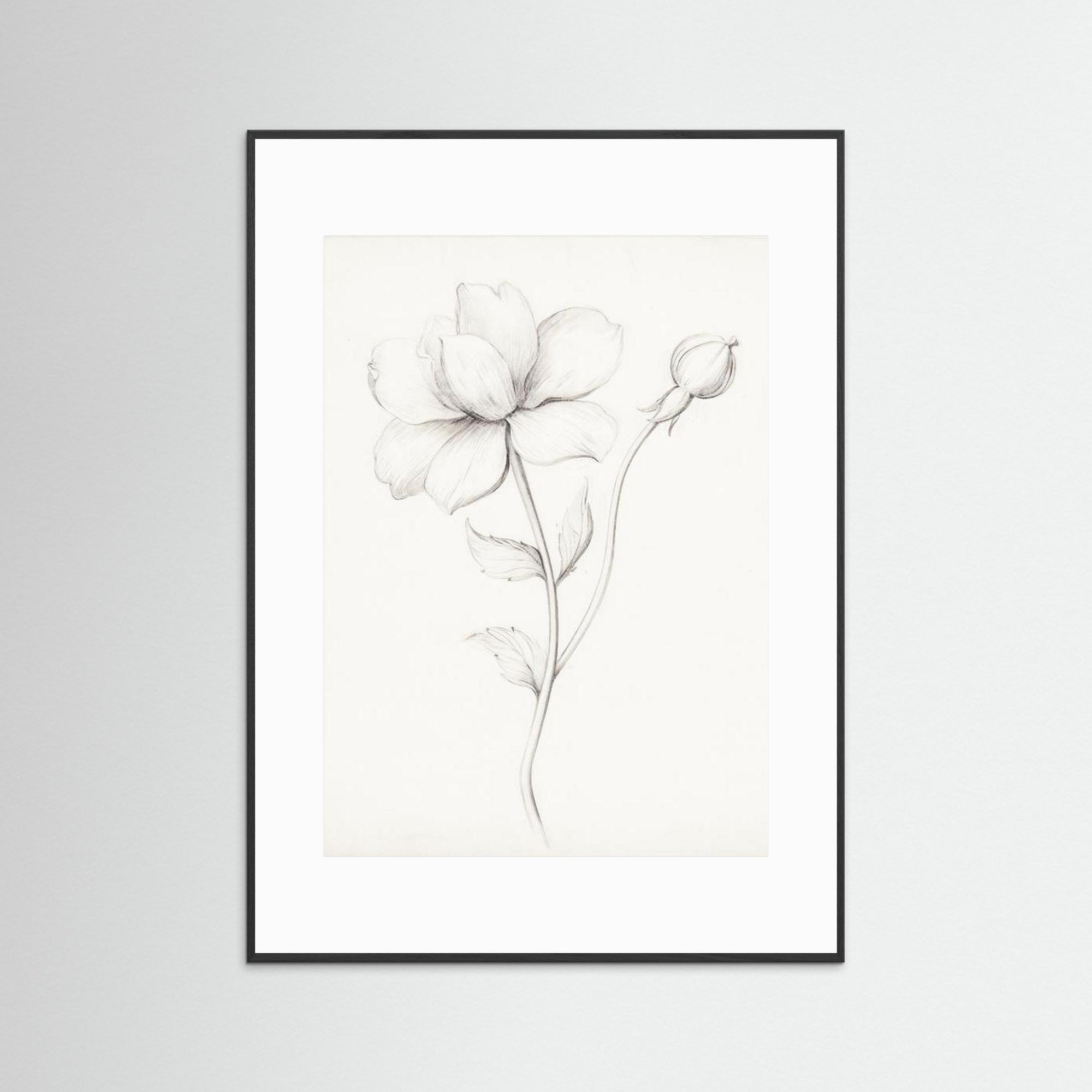 Floral Drawing Art Print Black Wood White