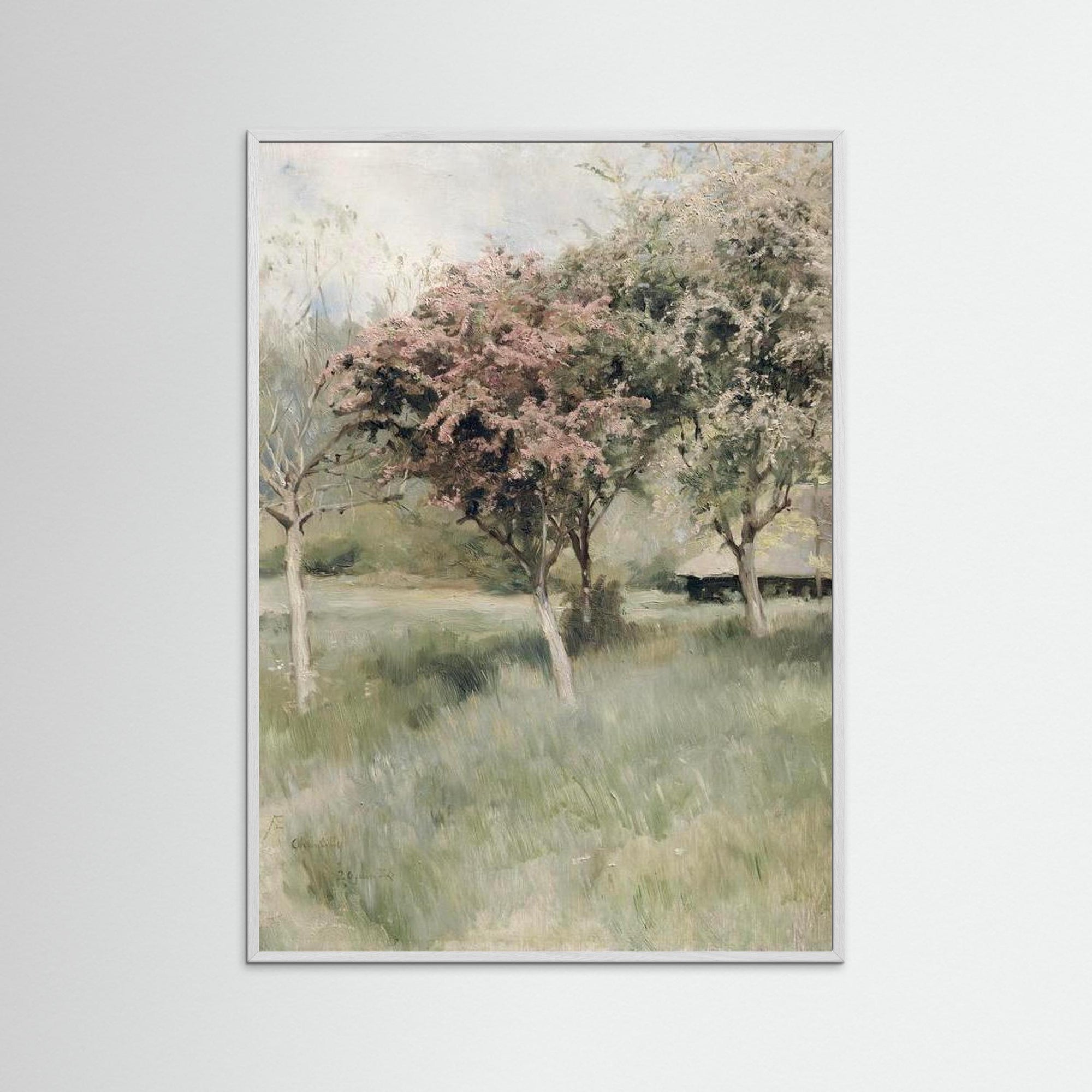Antique Blossom Tree Field Vintage Wall Art White Wood No border