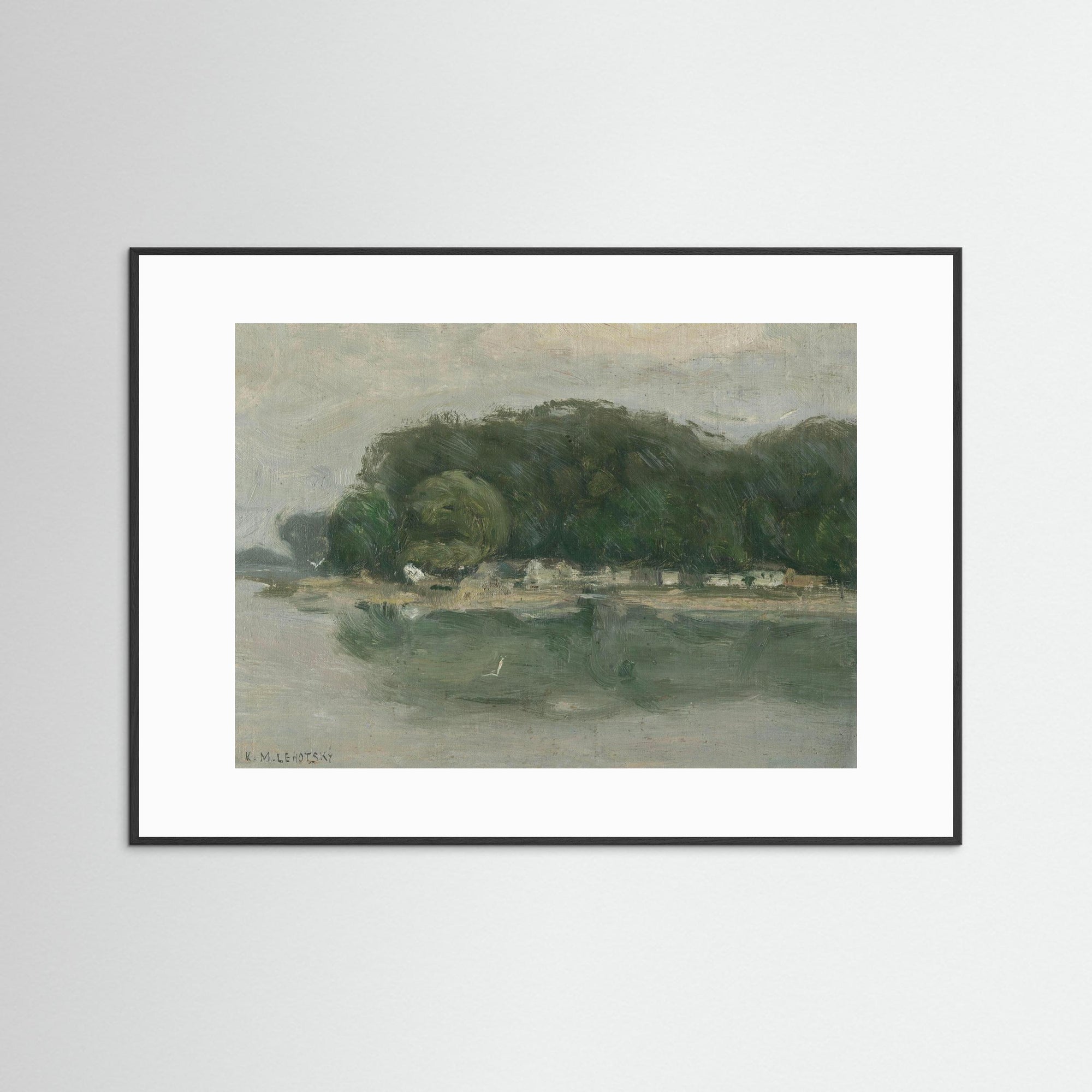 Vintage European Riverside Village Landscape Fine Art Print Black Wood White