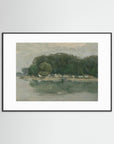 Vintage European Riverside Village Landscape Fine Art Print Black Wood White