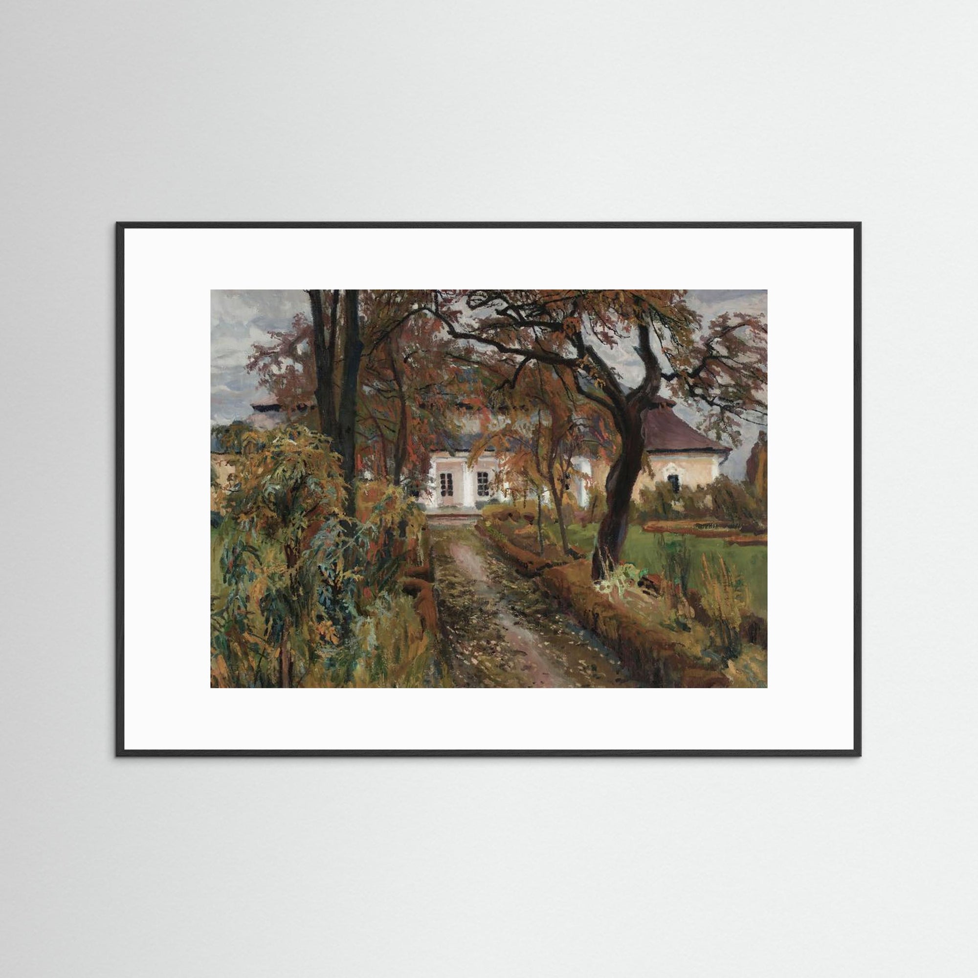 Cottage Landscape Art Print Black Wood White