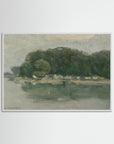 Vintage European Riverside Village Landscape Fine Art Print White Wood No border