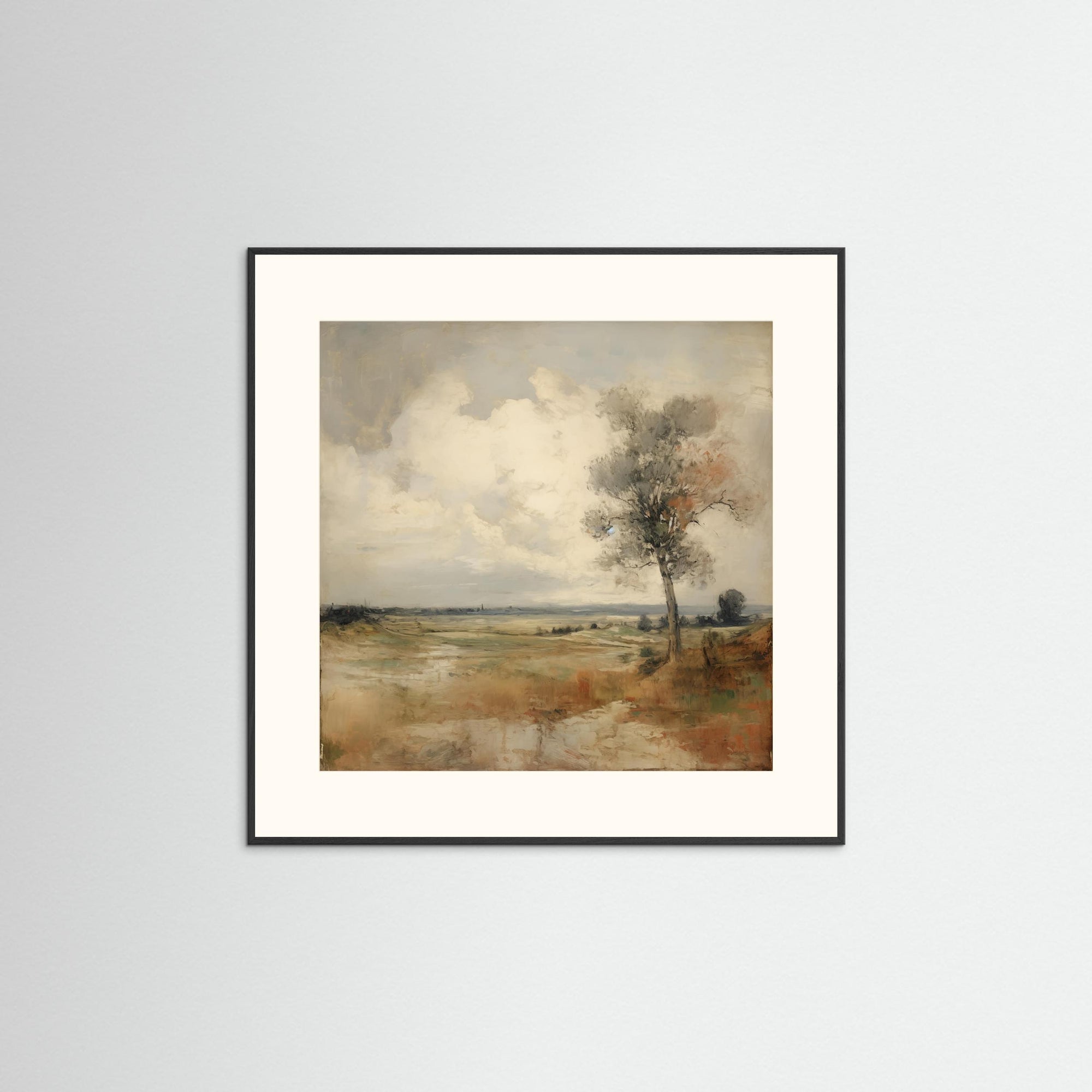 Soft Neutral Field Landscape Art Print Black Wood Freja