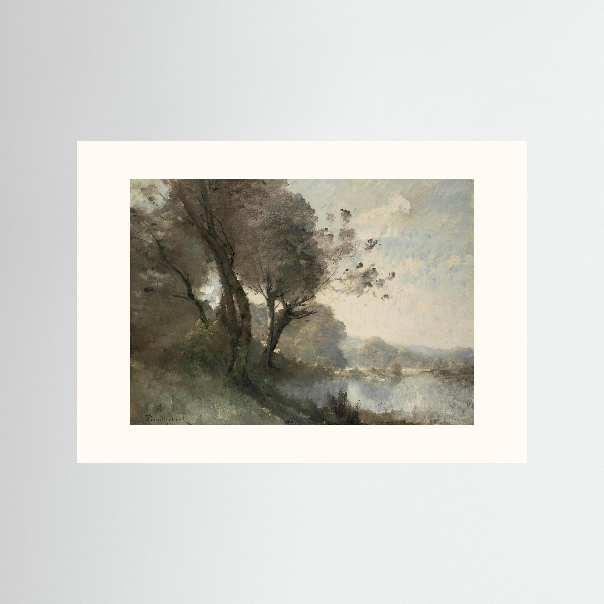 Vintage Riverside Landscape with Trees Fine Art Print No Frame Freja