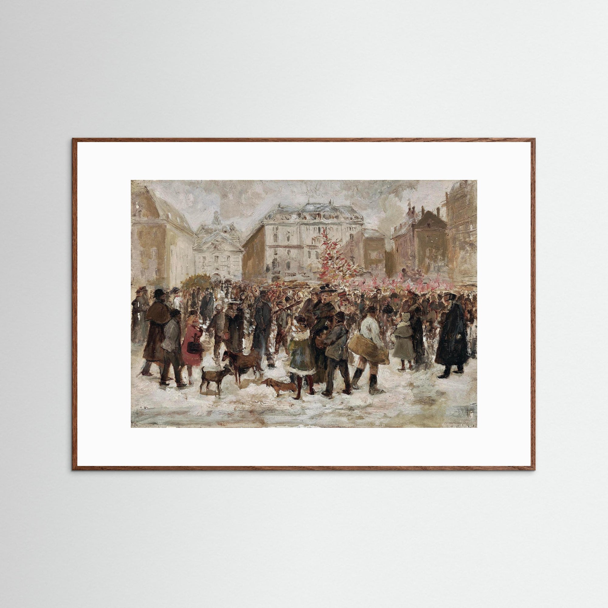 Vintage Parisian Street Scene Art Print Oak Dark White