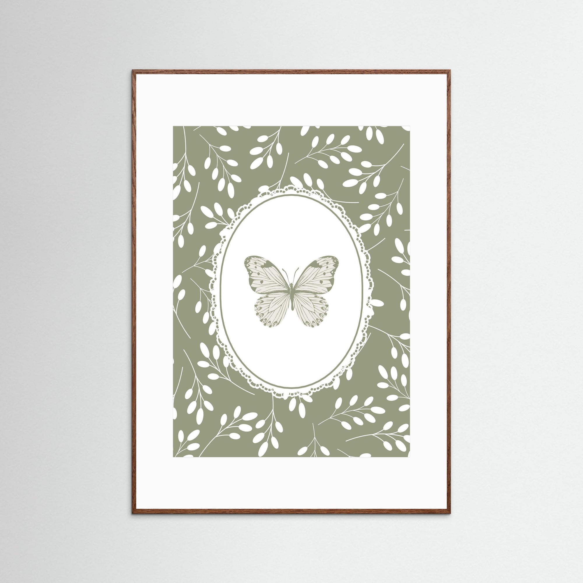 Green Butterfly Botanical Art Print | Children's Room Decor Oak Dark White