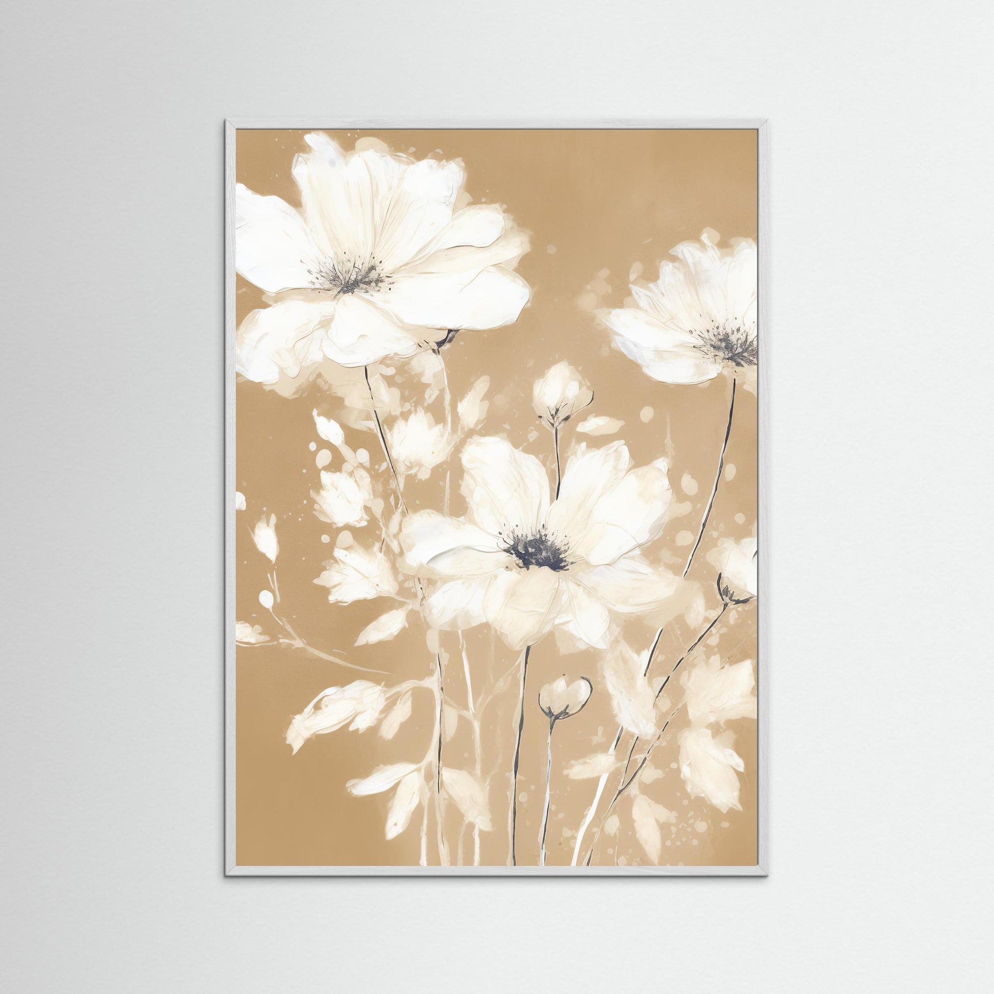 Neutral White Flowers Floral Art Print White Wood No border