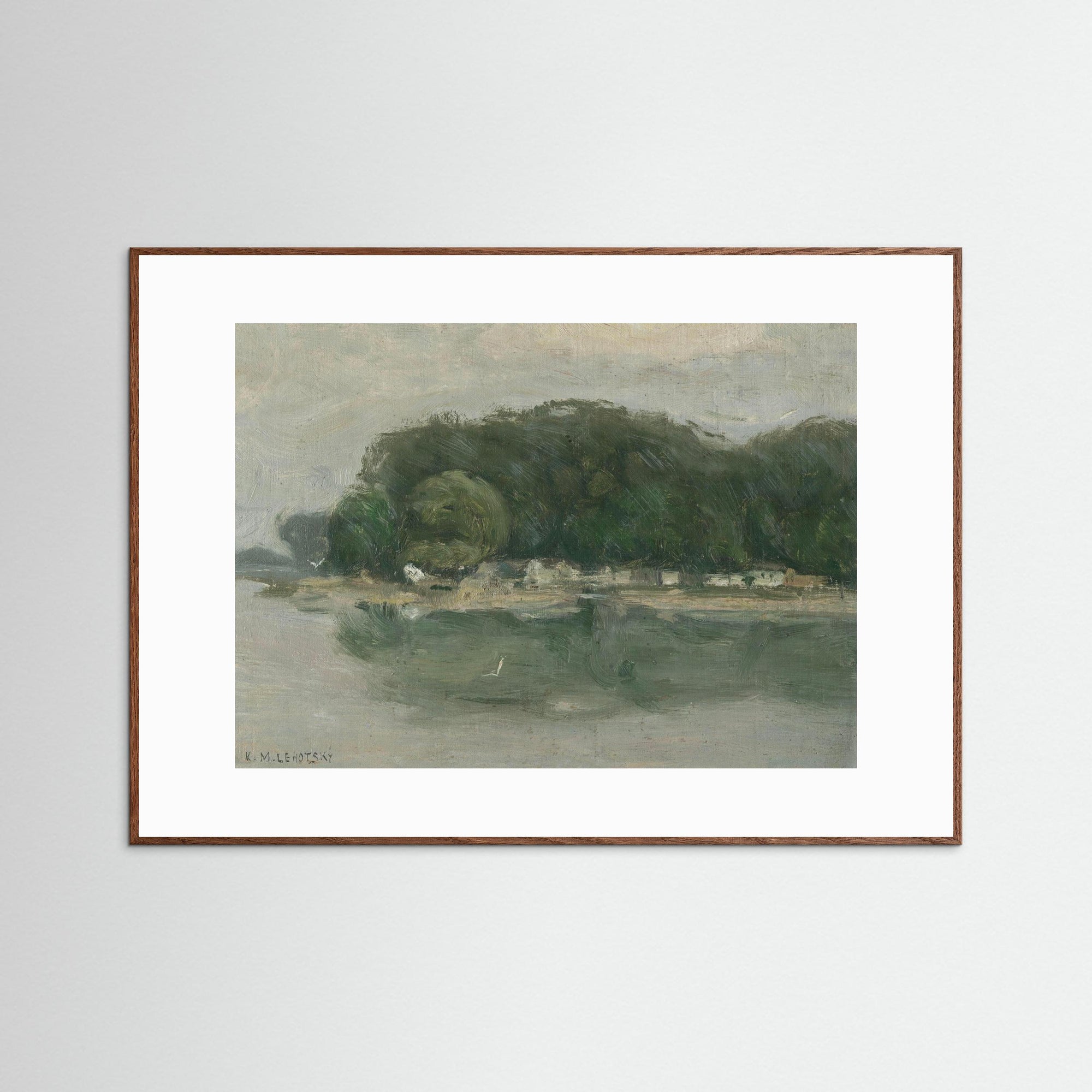 Vintage European Riverside Village Landscape Fine Art Print Oak Dark White