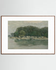 Vintage European Riverside Village Landscape Fine Art Print Oak Dark White