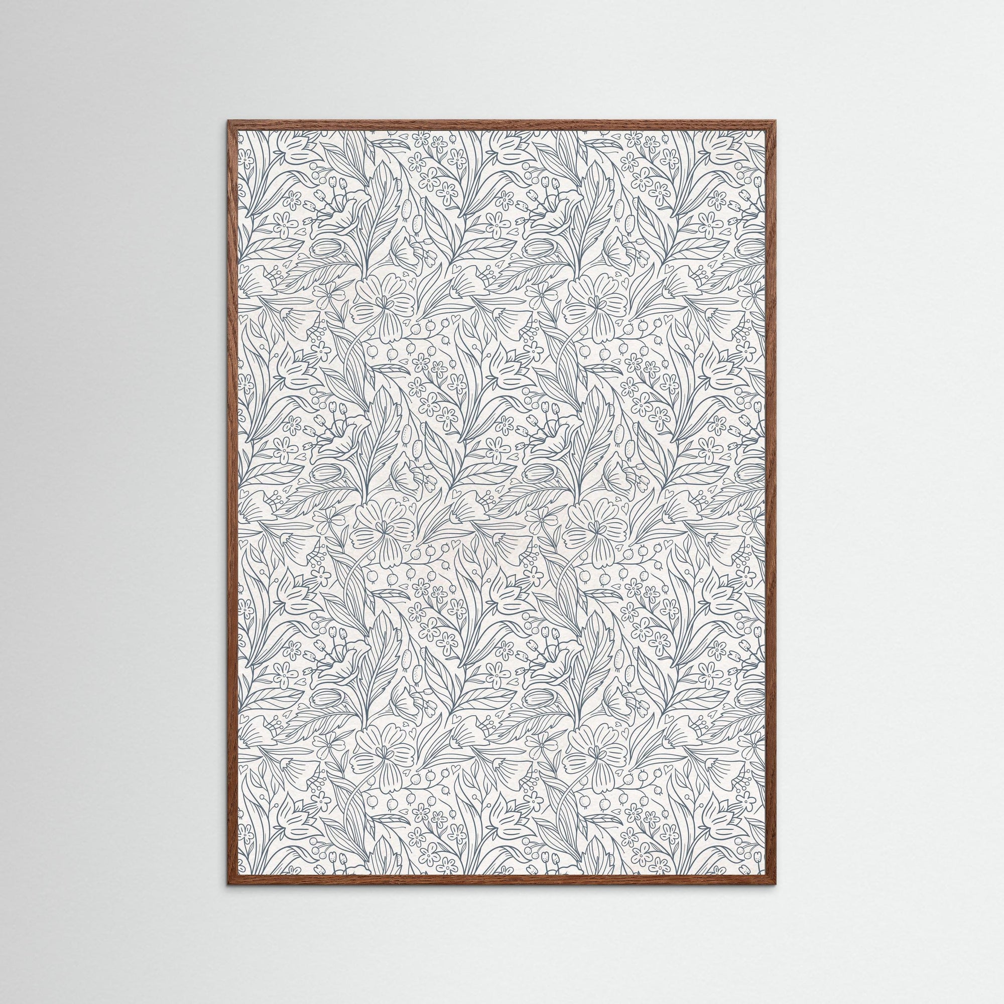 Blue Floral Pattern Wall Art | Classic Botanical Decor Oak Dark