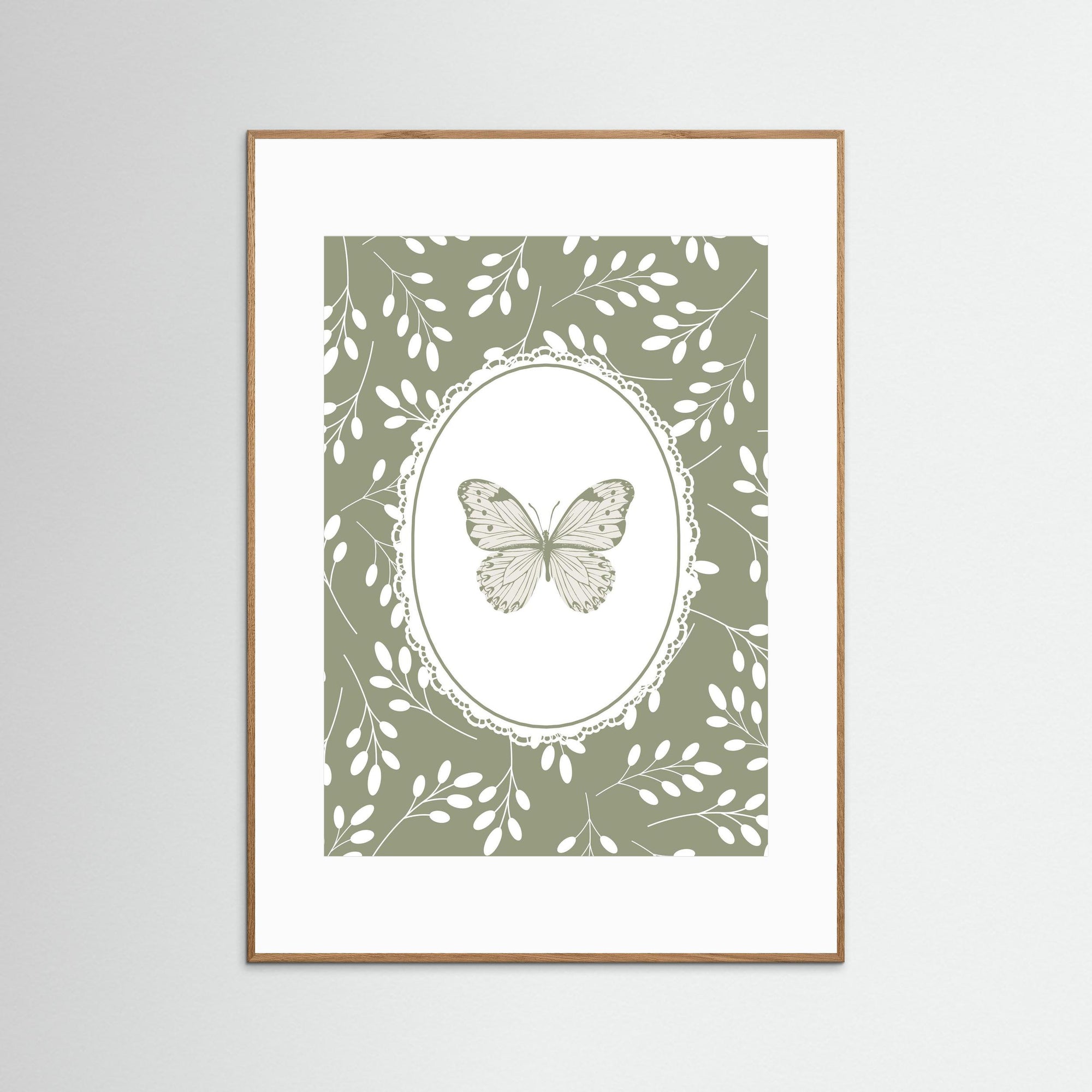 Green Butterfly Botanical Art Print | Children's Room Decor Oak Nature White