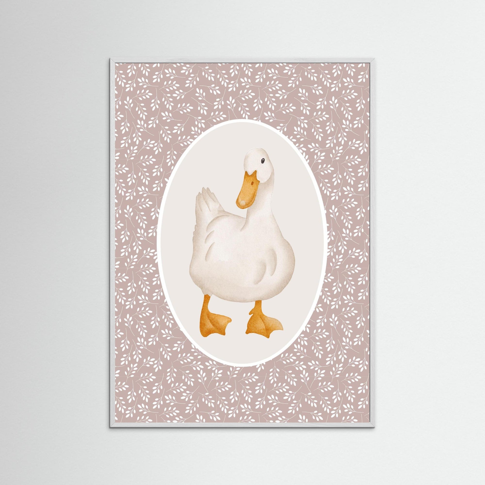 Duck Pink Botanical Art Print | Children's Room &amp; Nursery Wall Art White Wood