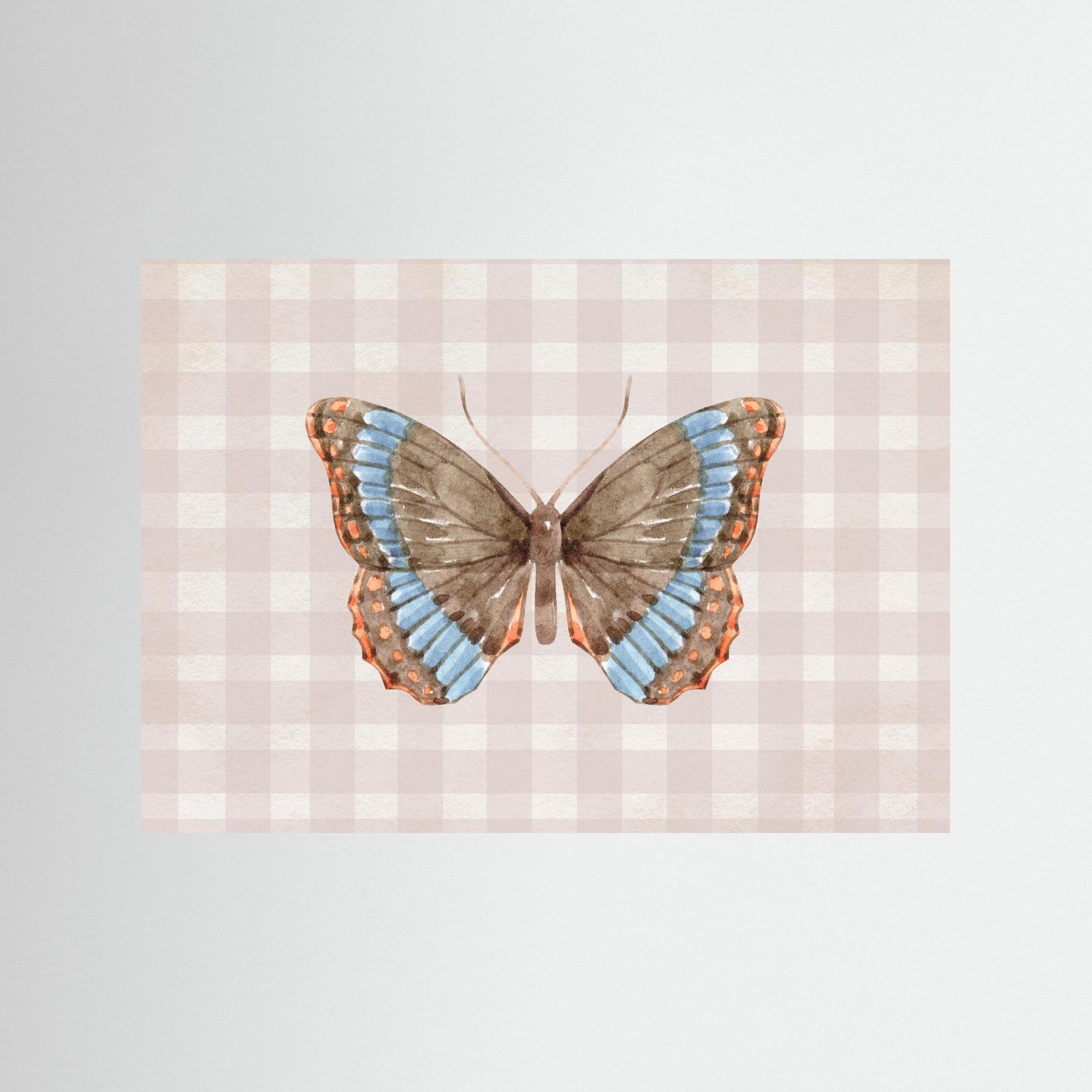 Butterfly on Gingham Art Print | Vintage Cottage Wall Art No Frame