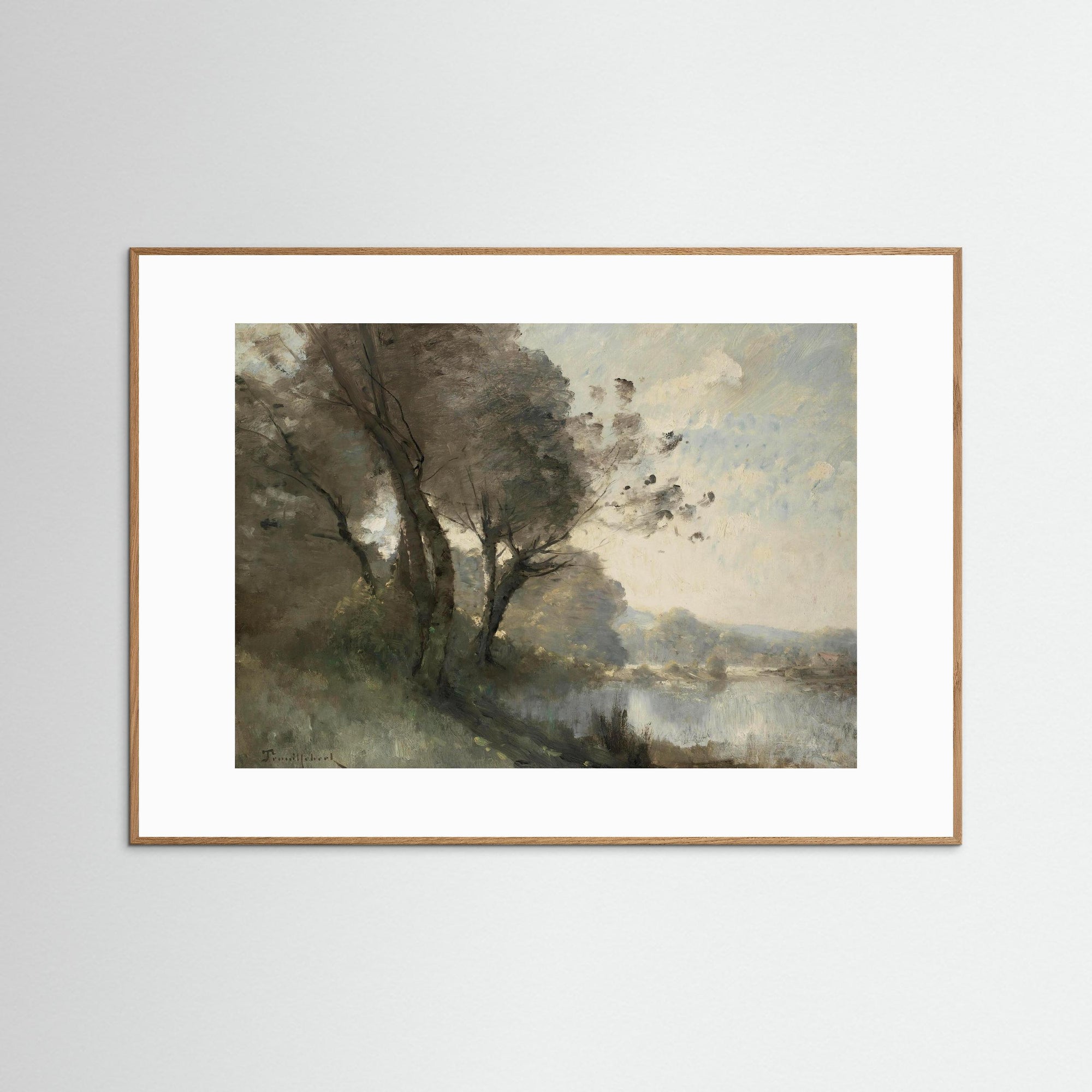 Vintage Riverside Landscape with Trees Fine Art Print Oak Nature White