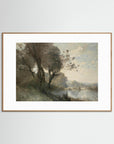 Vintage Riverside Landscape with Trees Fine Art Print Oak Nature White