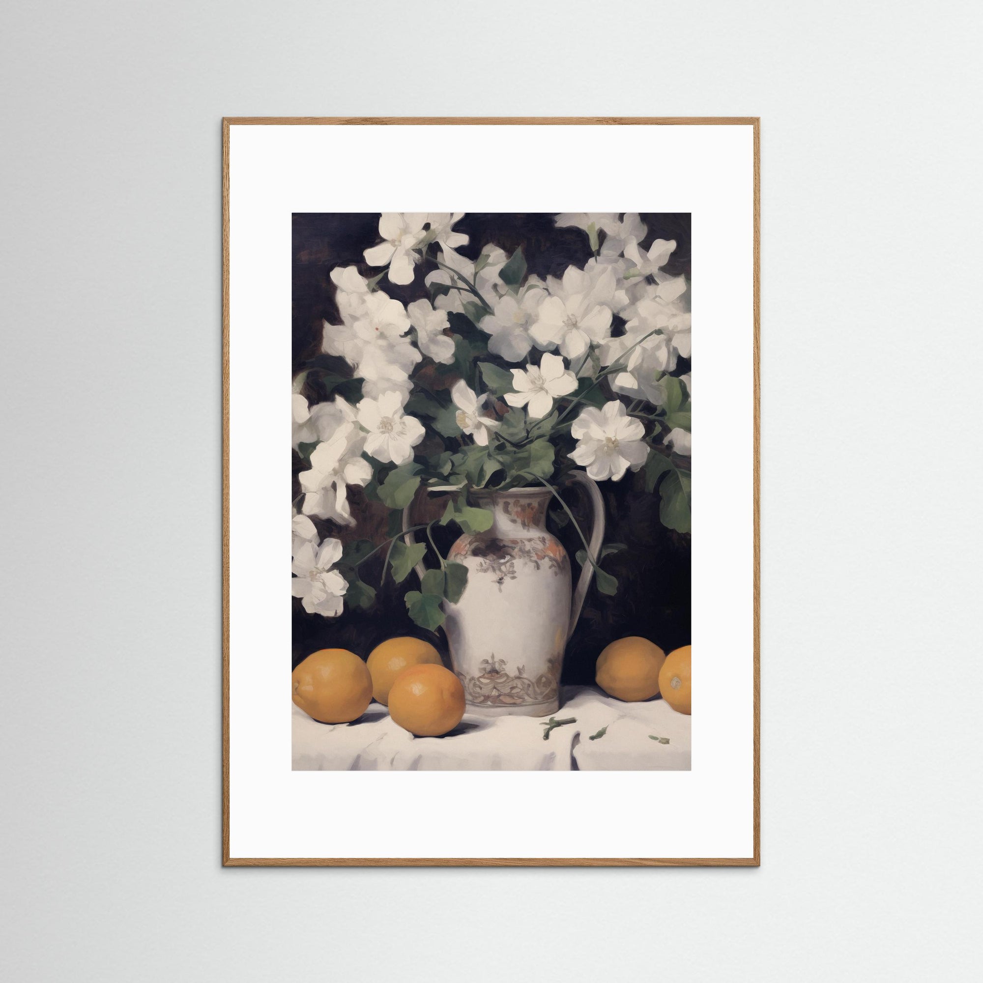 Vintage Fruit and Floral Arrangement Print Oak Nature White