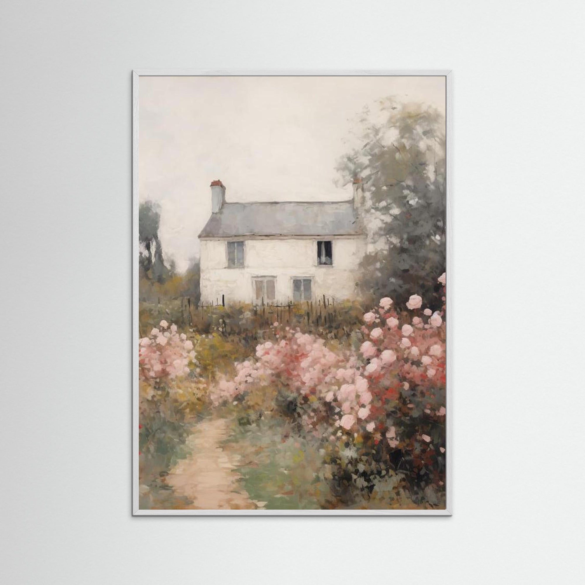 Rustic Cottage Landscape Fine Art Print White Wood No border